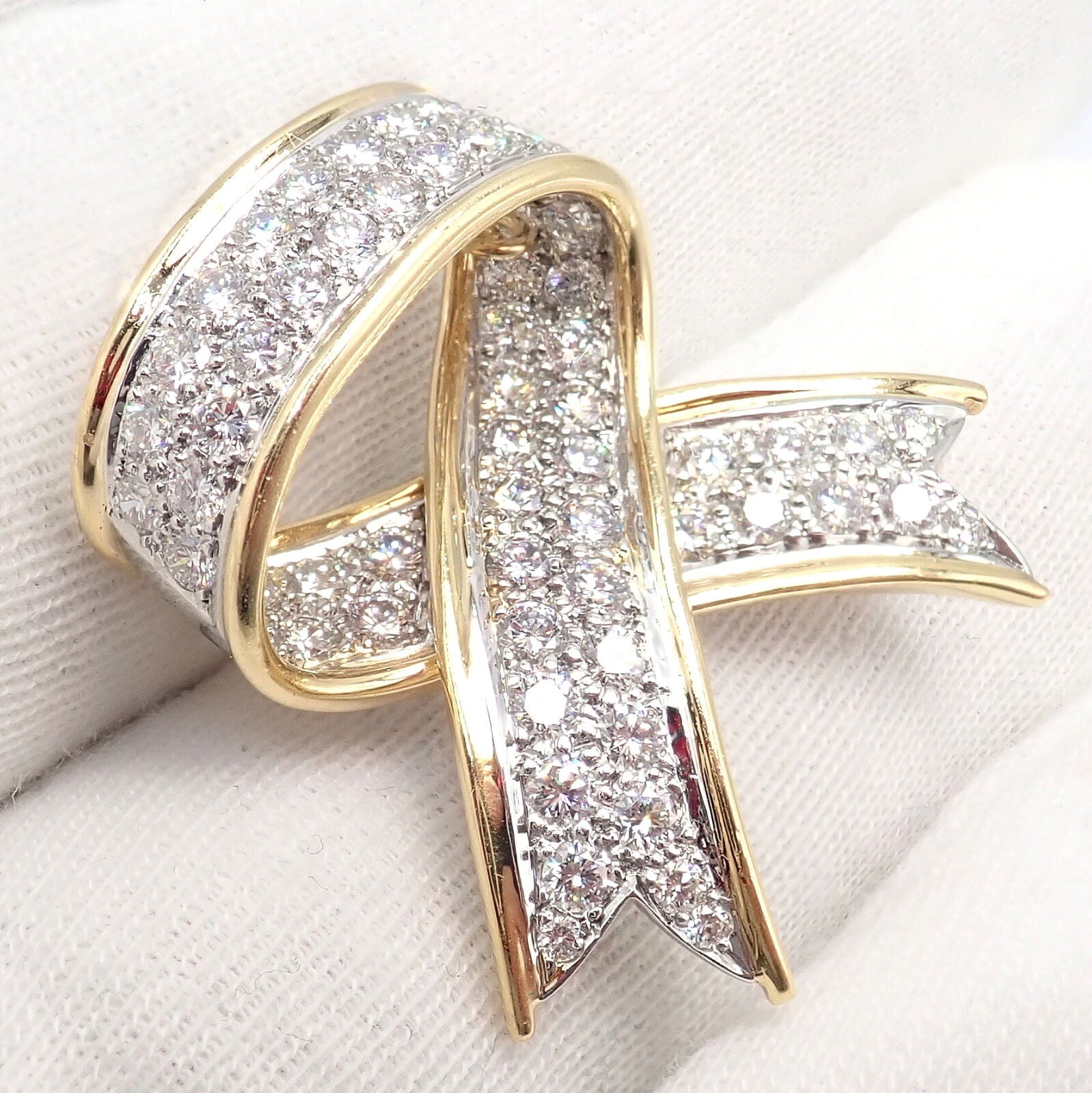 Vintage! Tiffany & Co 18k Yellow Gold Platinum Diamond Ribbon Bow Pin Brooch | Fortrove