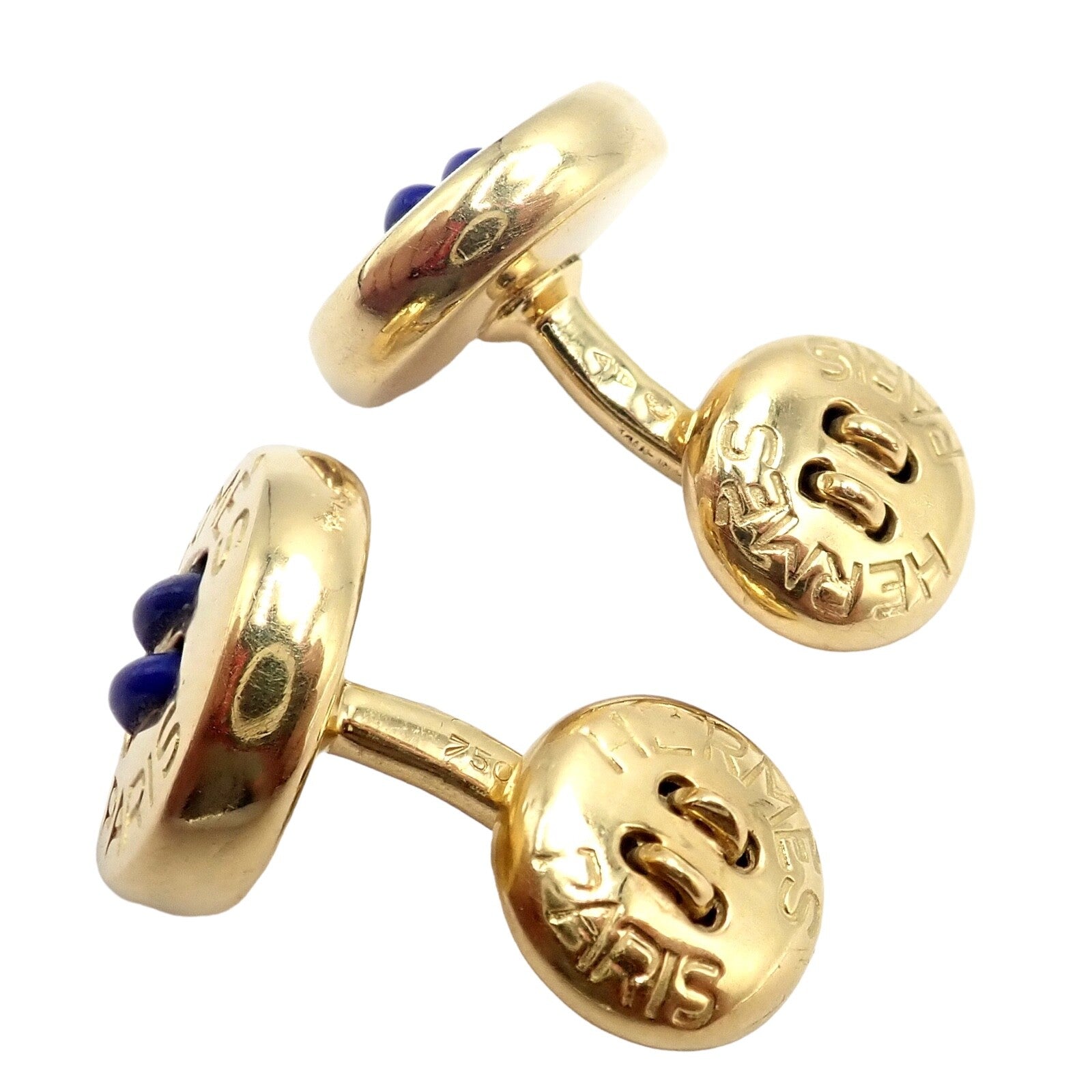 Hermes Jewelry & Watches:Men's Jewelry:Cufflinks Rare! Vintage Authentic Hermes Paris 18k Yellow Gold Mens Lapis Button Cufflinks