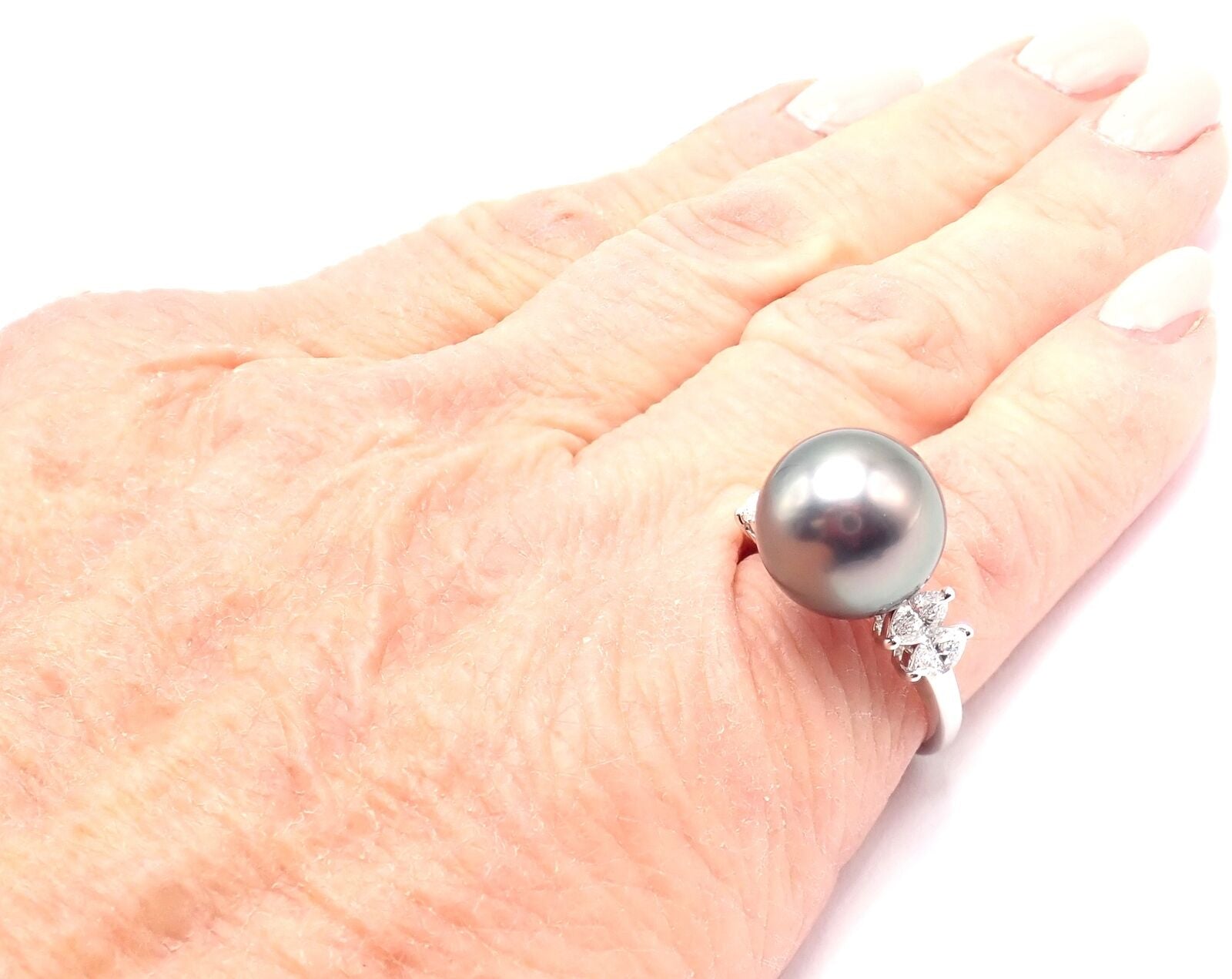 Authentic! Mikimoto Platinum Tahitian Pearl Diamond Ring | Fortrove