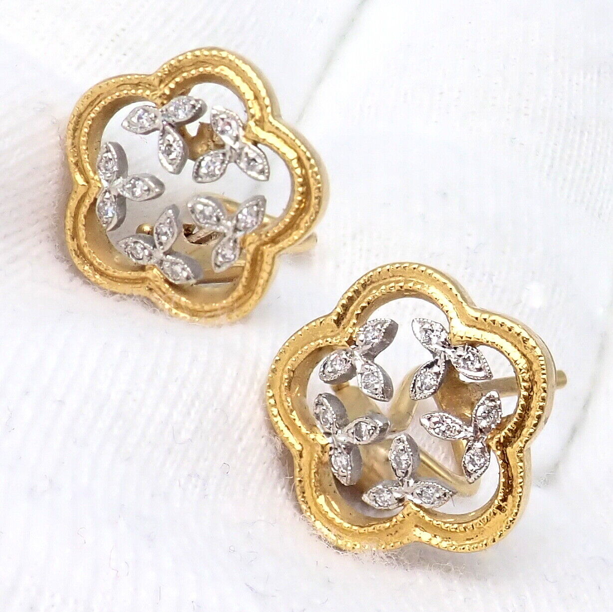 Authentic! Cathy Waterman 22k Yellow Gold Platinum Diamond Vine Flower Earrings | Fortrove