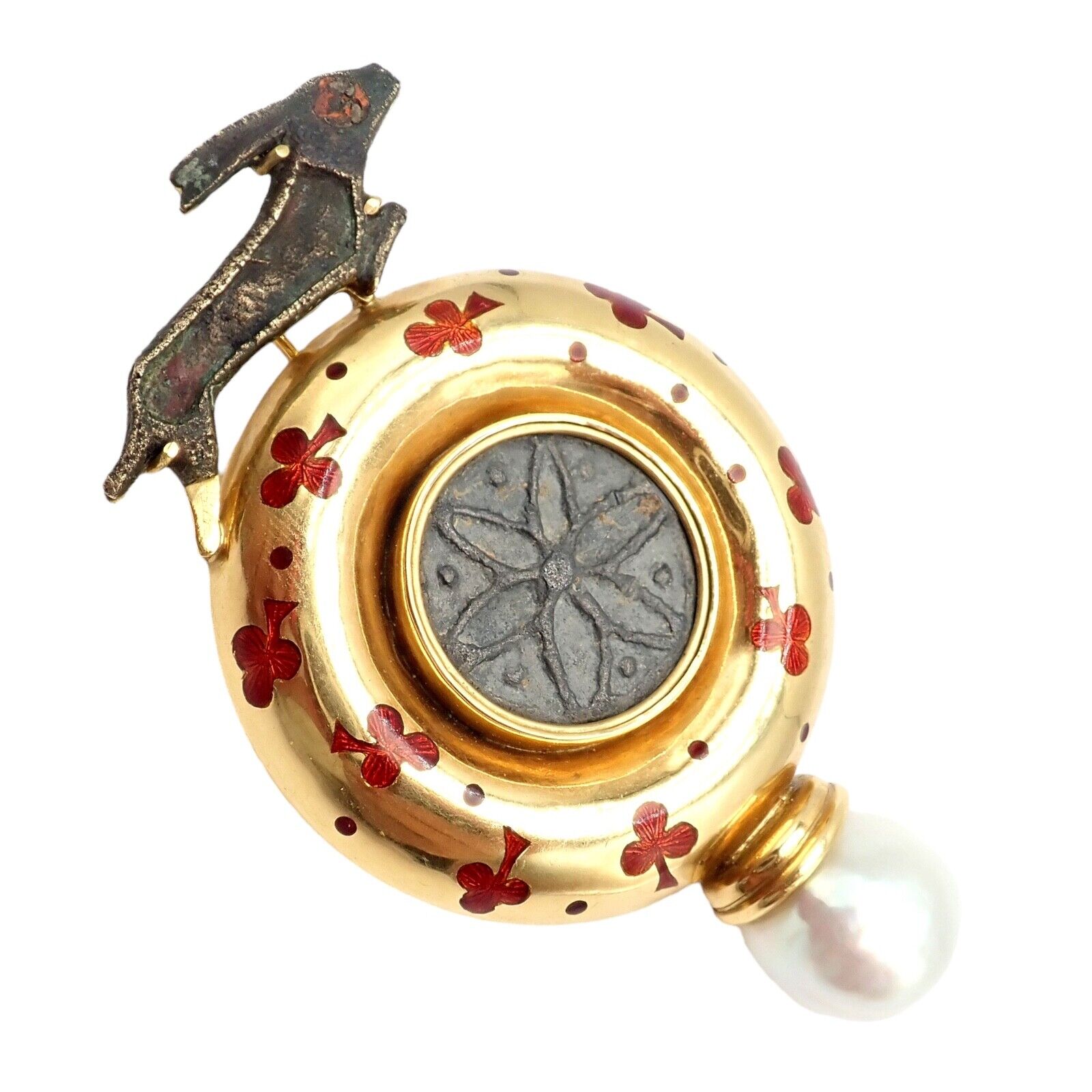 Vintage Elizabeth Gage 18k Yellow Gold Pearl Ancient Coin Enamel Hare Pin Brooch | Fortrove