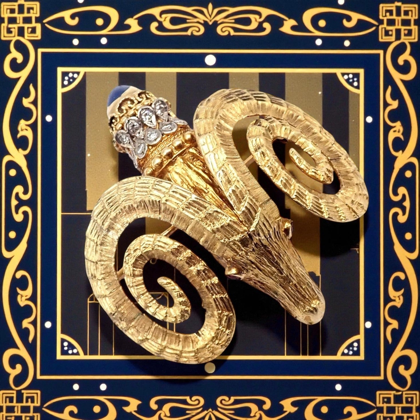 Rare Ilias Lalaounis 18k Yellow Gold Ram Ares Diamond Ruby Sapphire Large Brooch | Fortrove