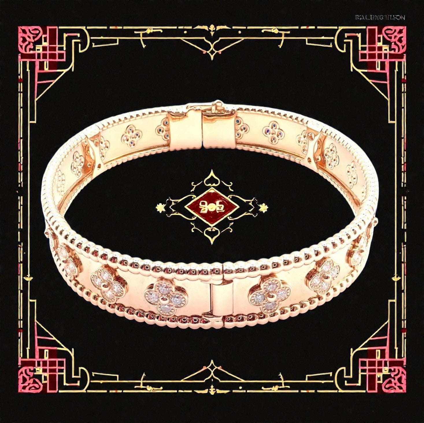 Authentic! Van Cleef & Arpels 18k Rose Gold Diamond Clovers Bangle Bracelet | Fortrove