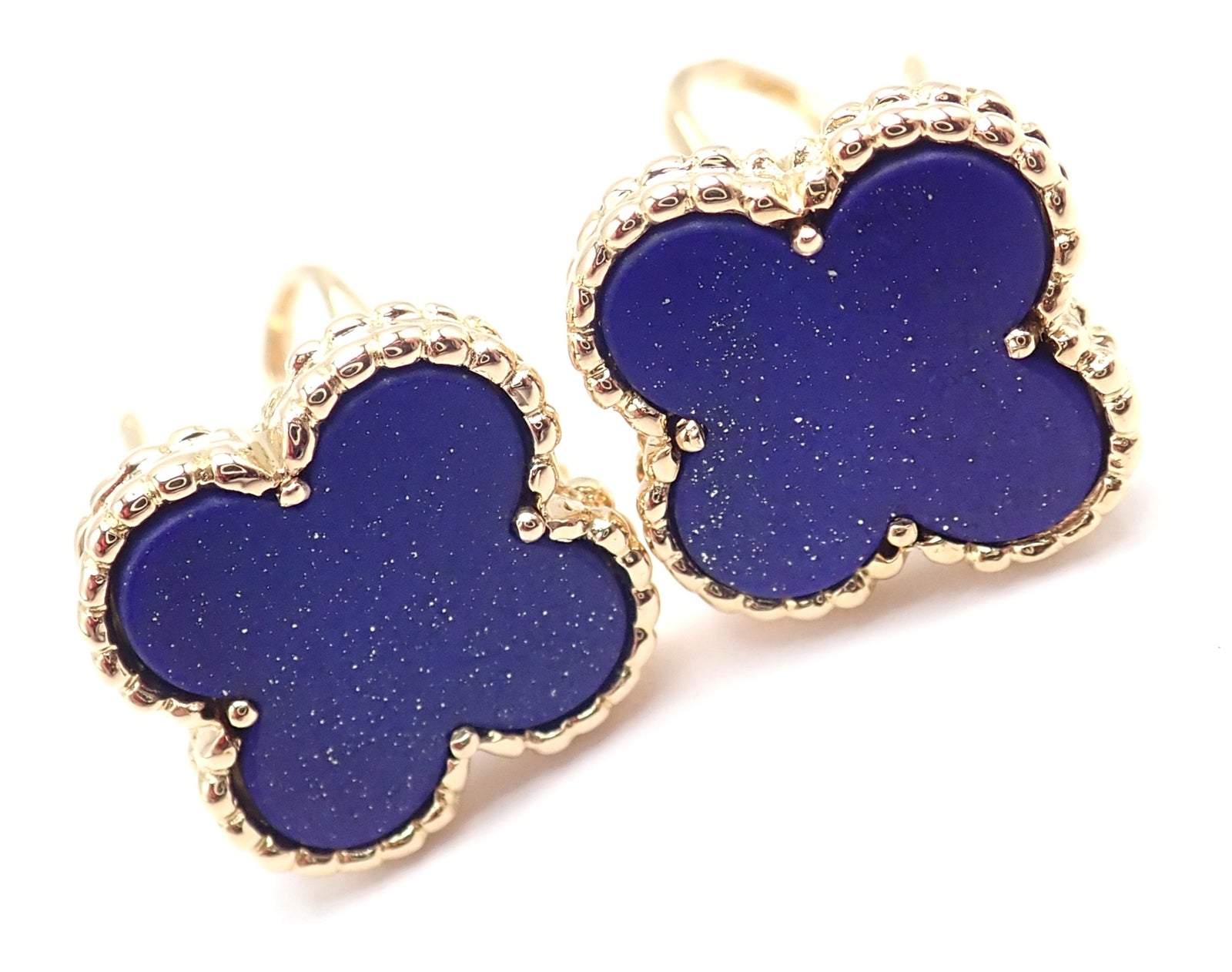 Van Cleef & Arpels 18k Yellow Gold Vintage Alhambra Blue Lapis Earrings Paper | Fortrove