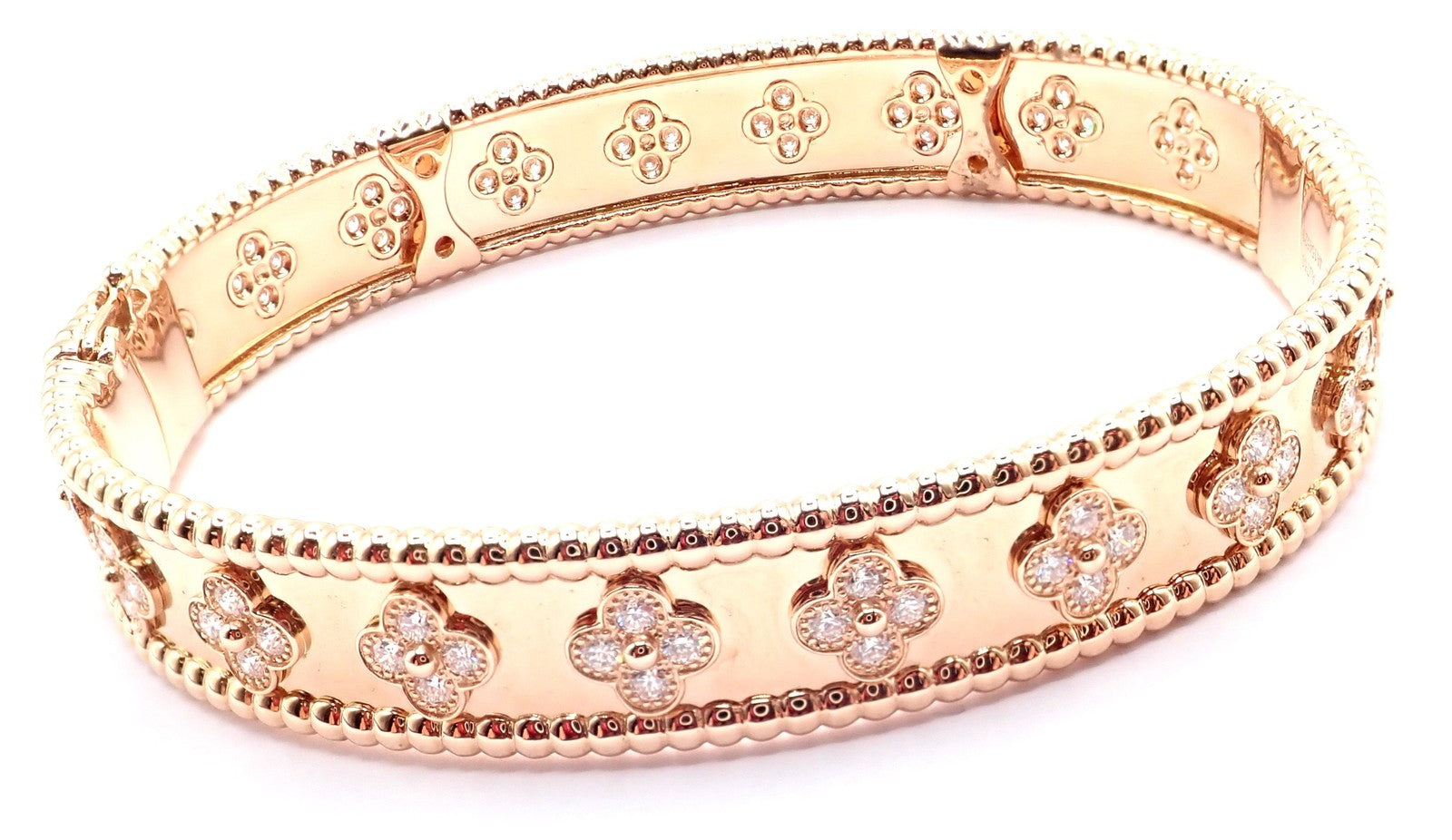 Authentic! Van Cleef & Arpels 18k Rose Gold Diamond Clovers Bangle Bracelet | Fortrove