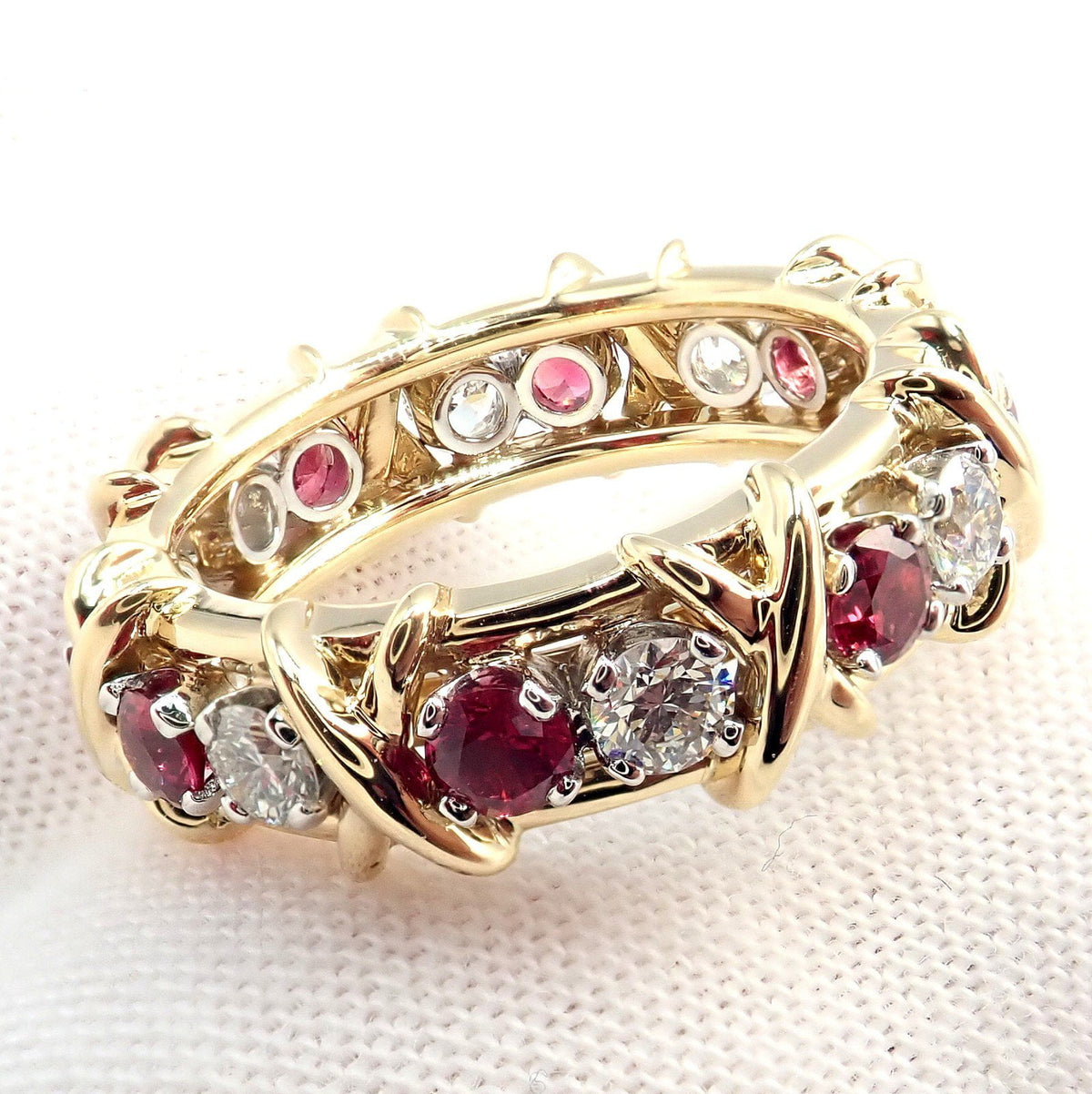 Tiffany & Co. Jewelry & Watches:Fine Jewelry:Rings Tiffany & Co Schlumberger 18k Gold Platinum 16 Stone Diamond Ruby Band Ring Sz 5