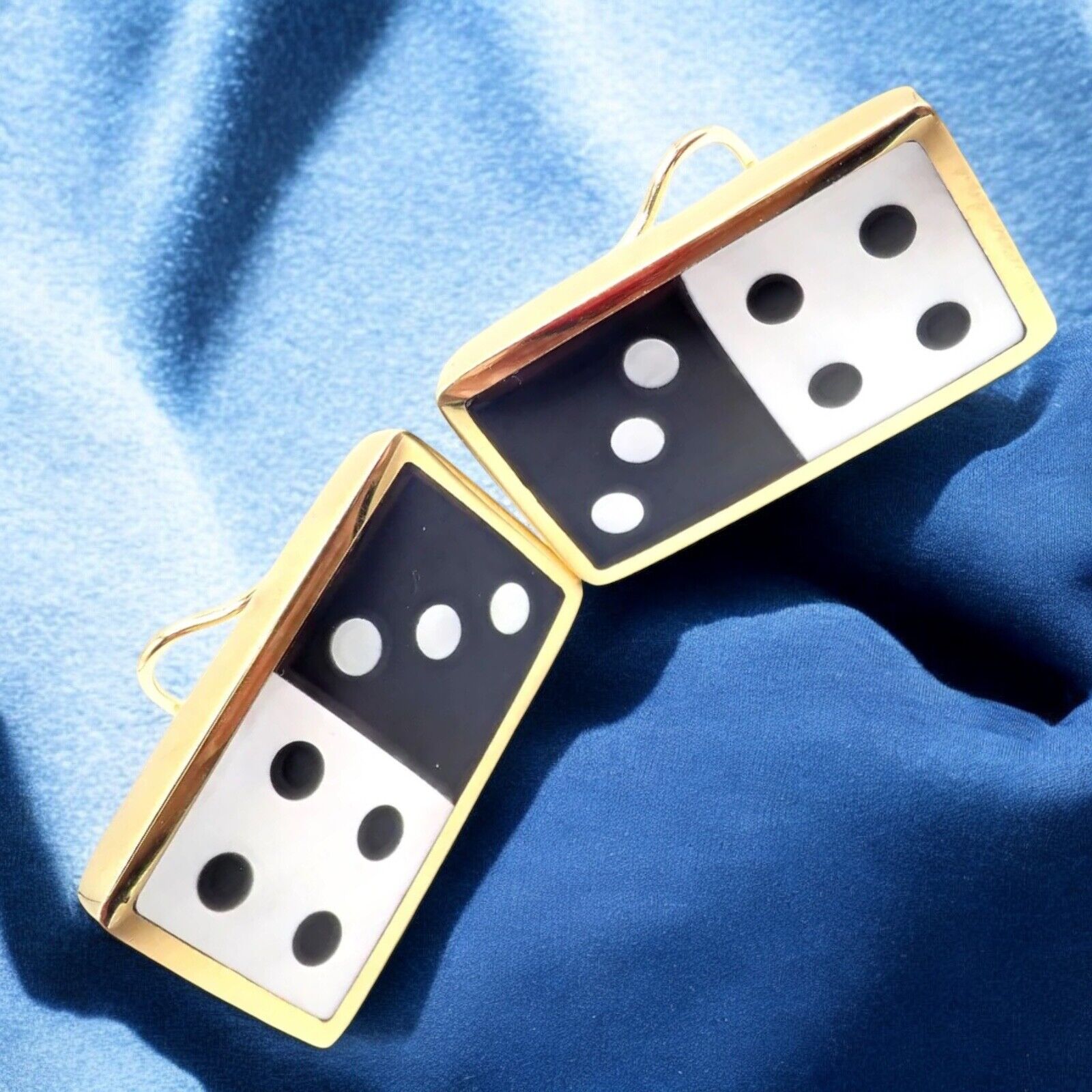Tiffany & Co Cummings 18k Yellow Gold Inlaid Black Jade MOP Domino Earrings | Fortrove
