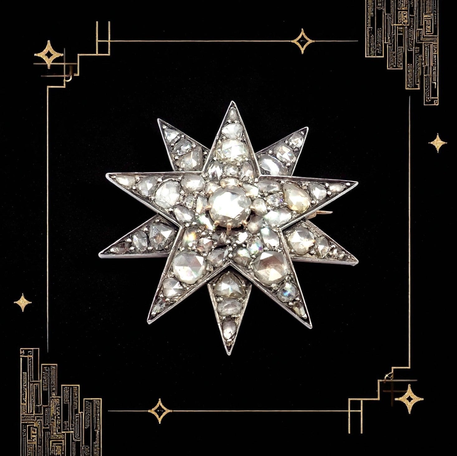 Estate Jewelry & Watches:Fine Jewelry:Brooches & Pins Antique 18k Gold + Silver Georgian Rose Cut Diamond Star Pin Brooch 1800's