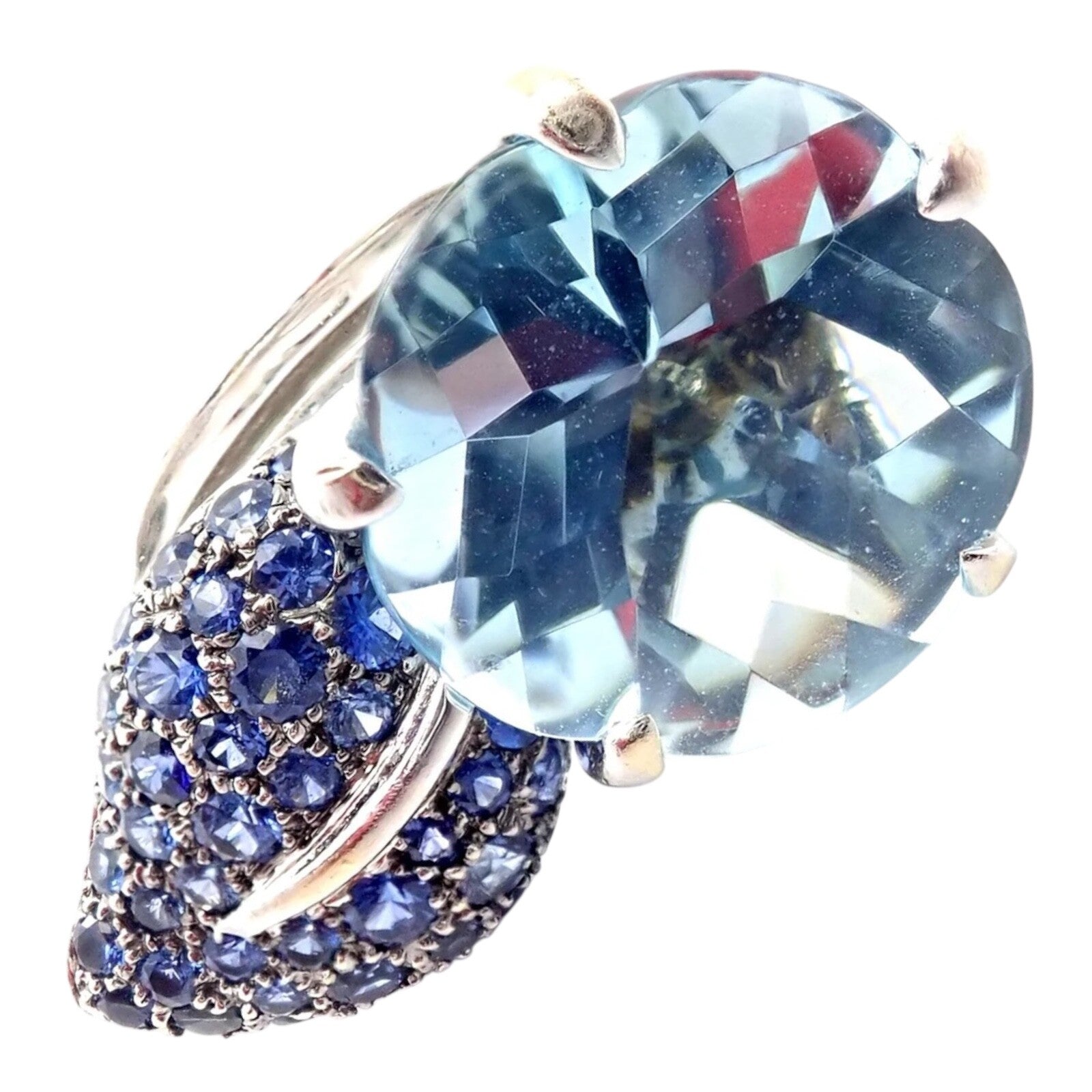 Authentic! Chanel Camellia Flower 18k White Gold Aquamarine Sapphire Ring | Fortrove