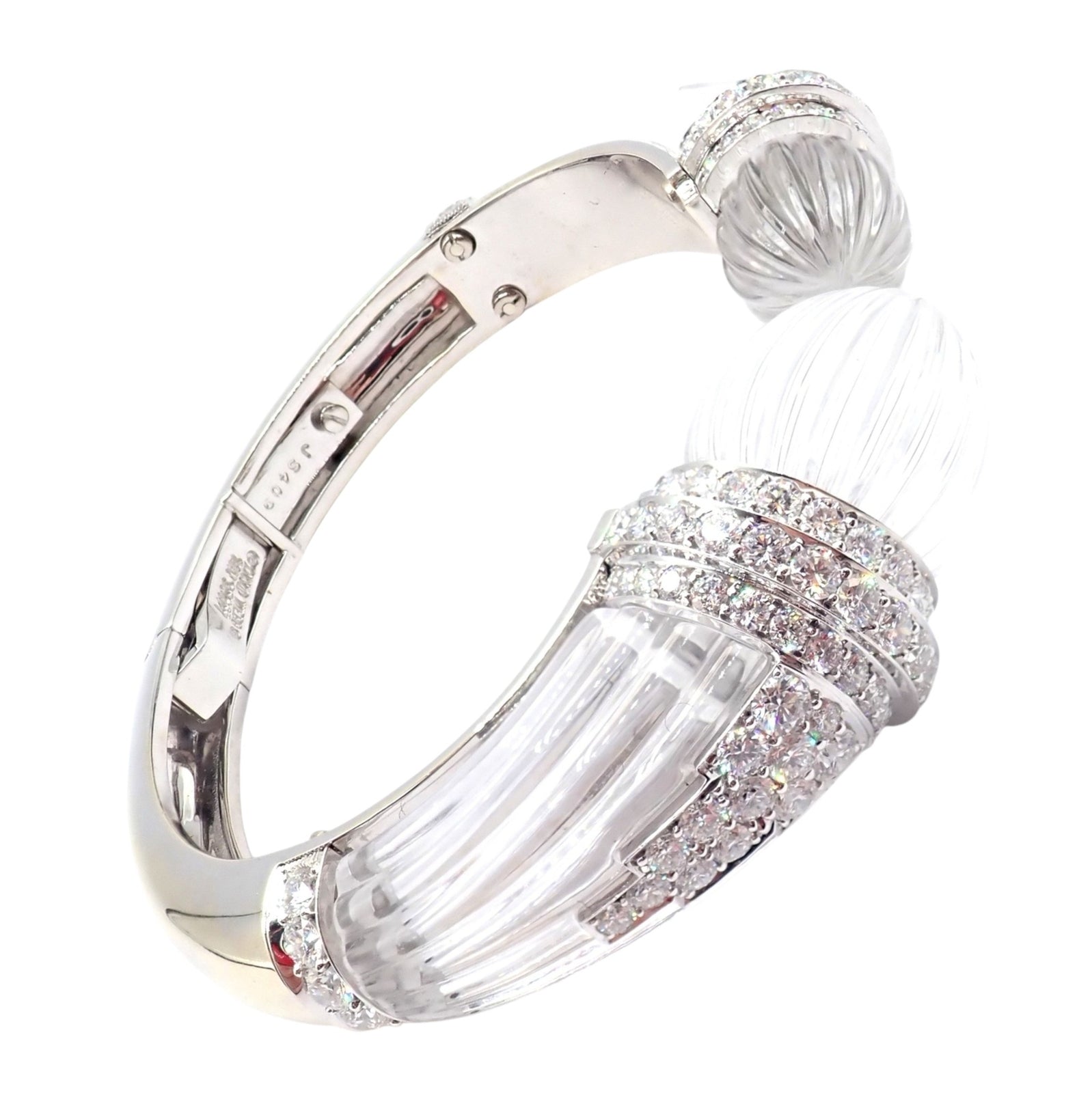 Authentic! David Webb 18k Gold & Platinum Diamond Rock Crystal Bangle Bracelet | Fortrove