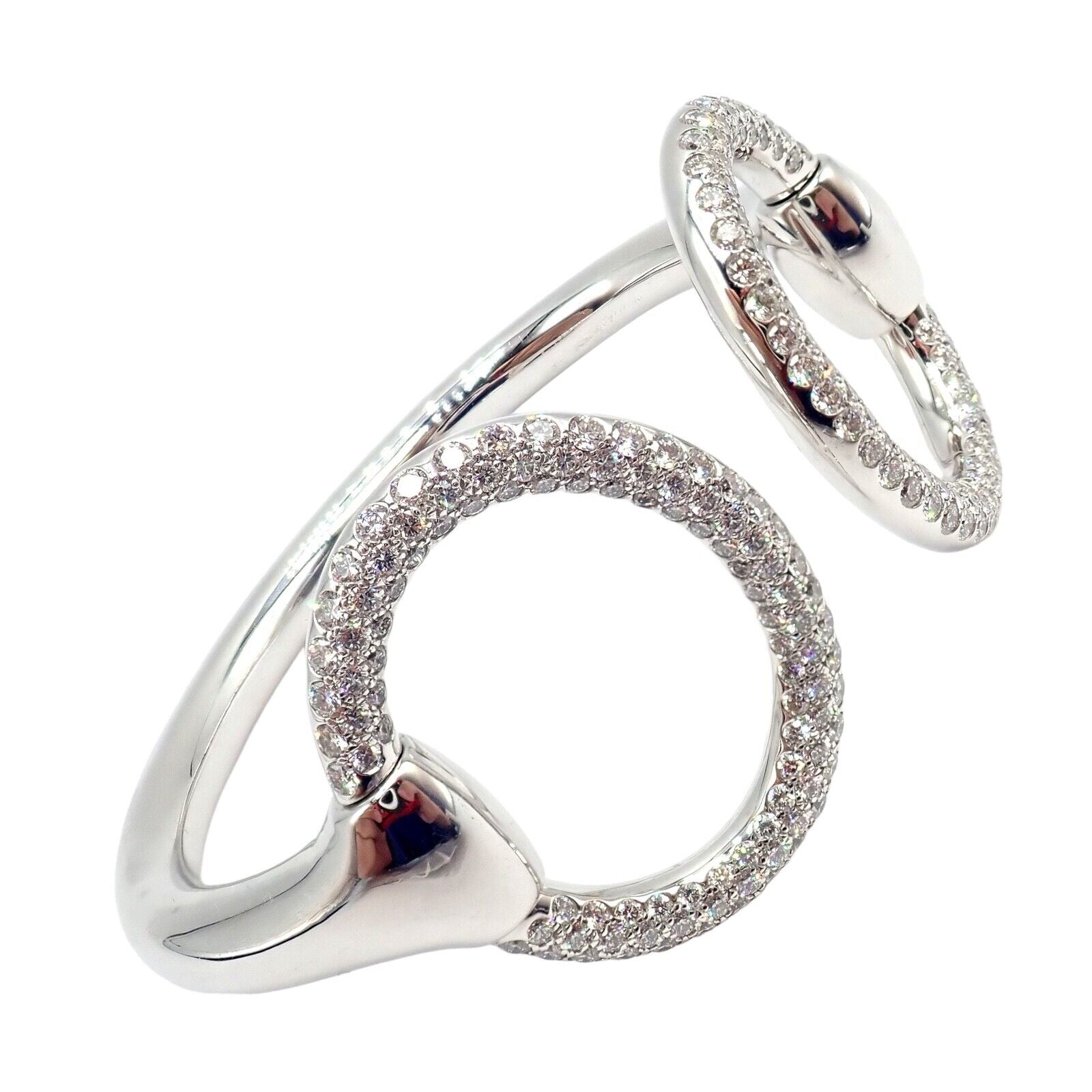 Authentic! Hermes Nausicaa 18K White Gold Diamond Horsebit Cuff Bangle Bracelet | Fortrove