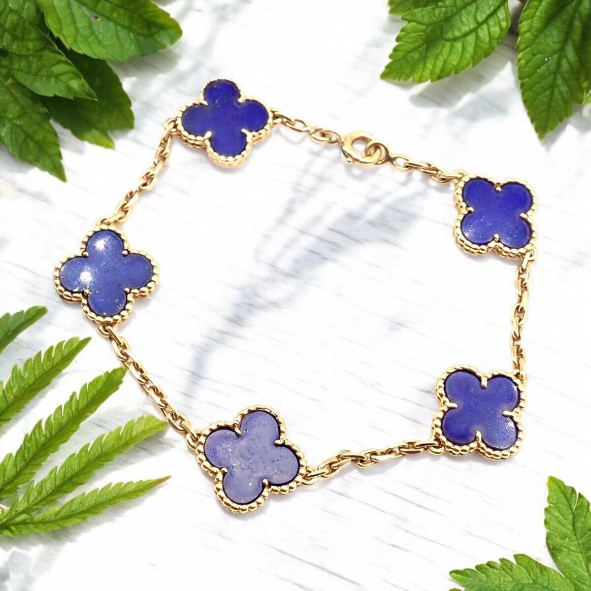 Authentic! Van Cleef & Arpels 18k Gold 5 Motif Alhambra Lapis Bracelet Paper | Fortrove