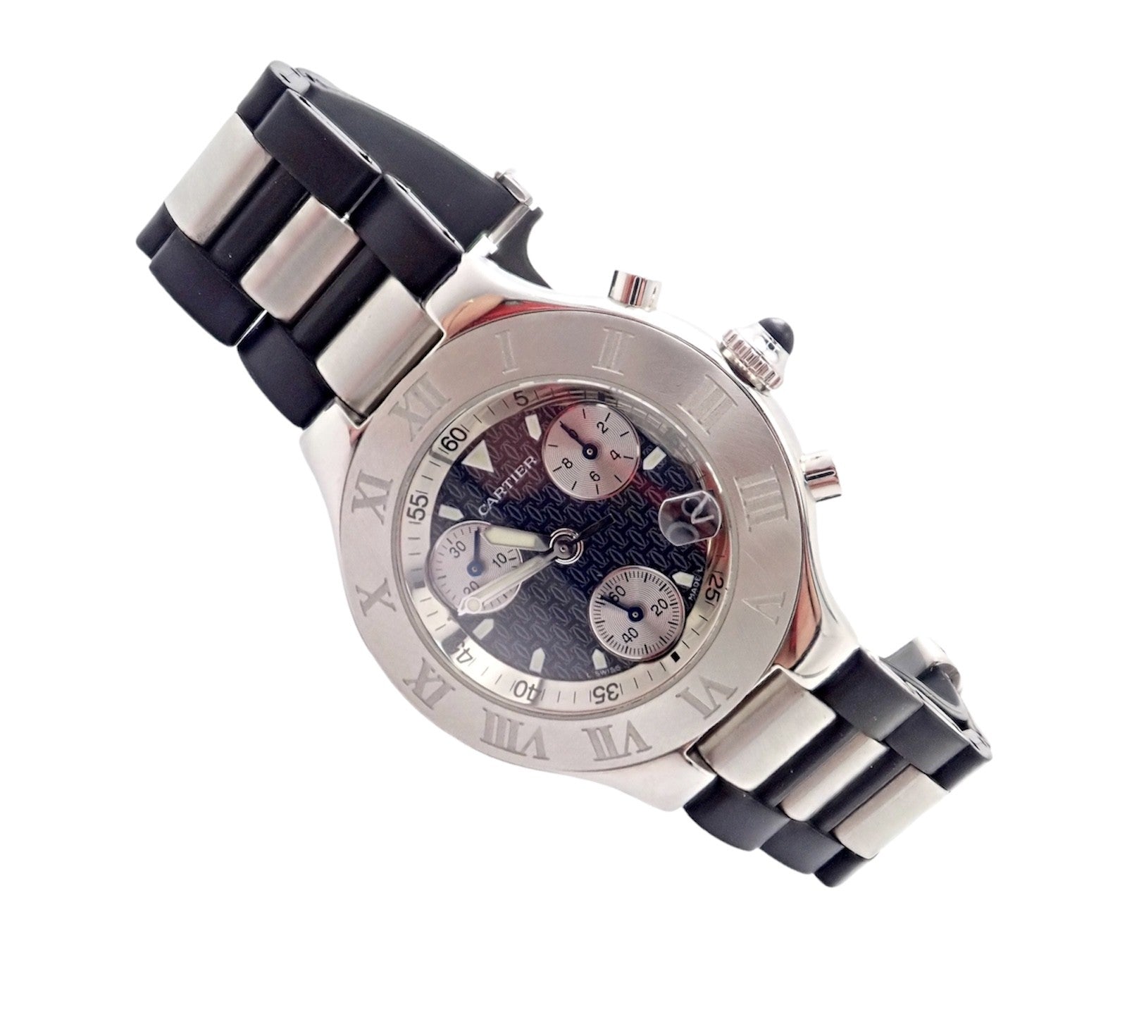 Authentic! Cartier Stainless Steel Chronograph 21 Quartz Rubber Band Watch | Fortrove