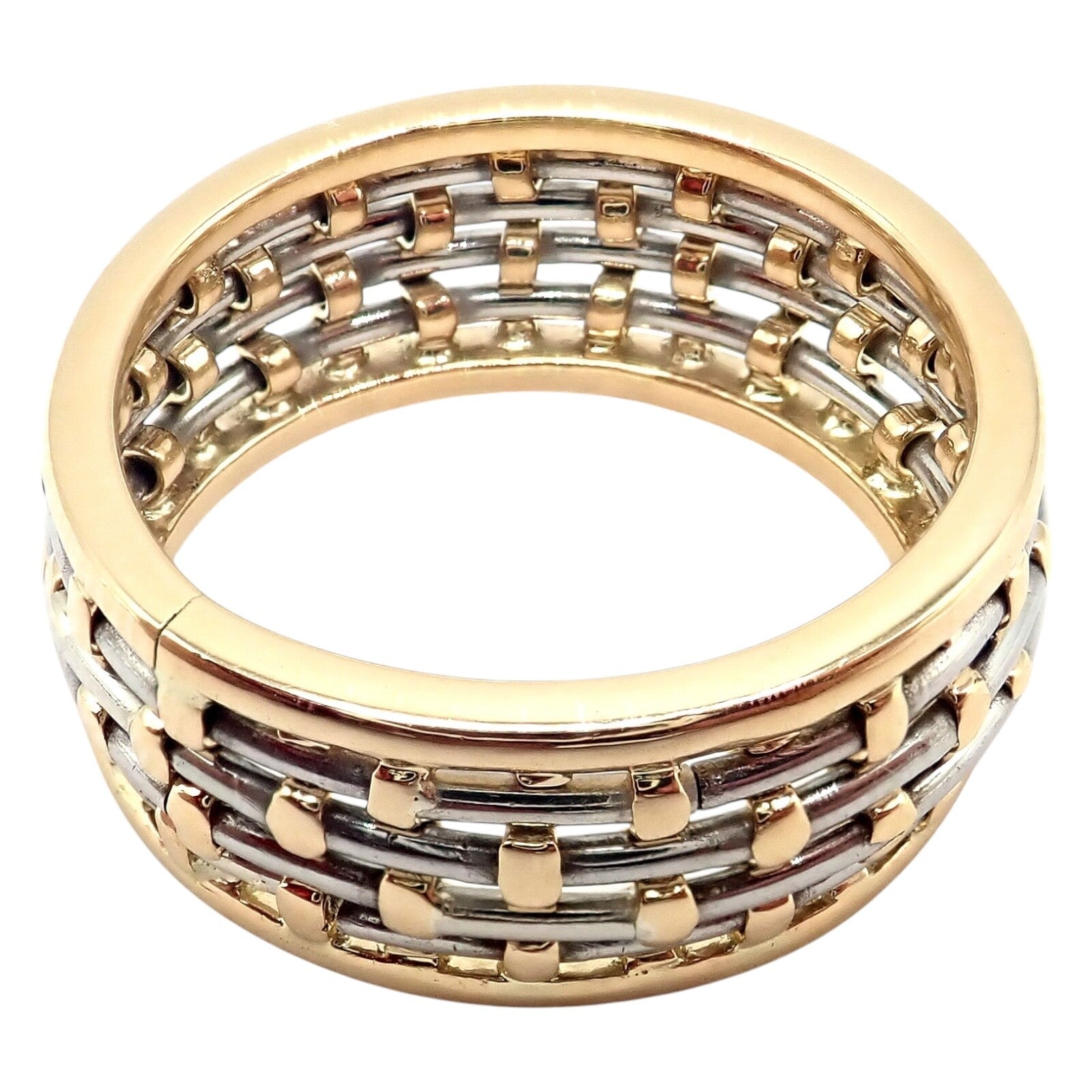 Authentic! Cartier 18k Yellow Gold + SS Basket Weave Ring + Earrings Set | Fortrove