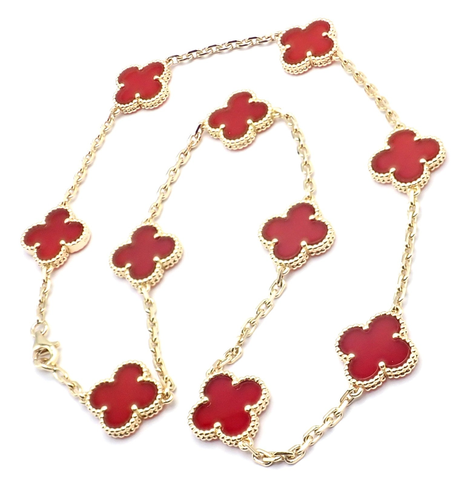 Authentic Van Cleef & Arpels 18k Gold 10 Motif Alhambra Carnelian Necklace Paper | Fortrove