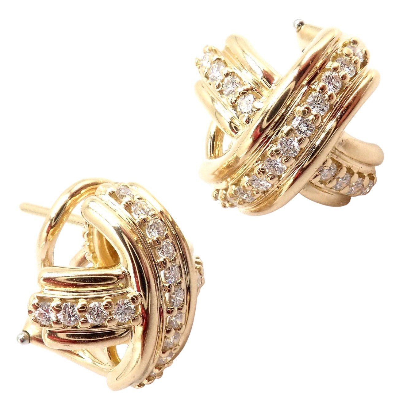 Authentic! Tiffany & Co 18k Yellow Gold Classic Signature X Diamond Earrings | Fortrove