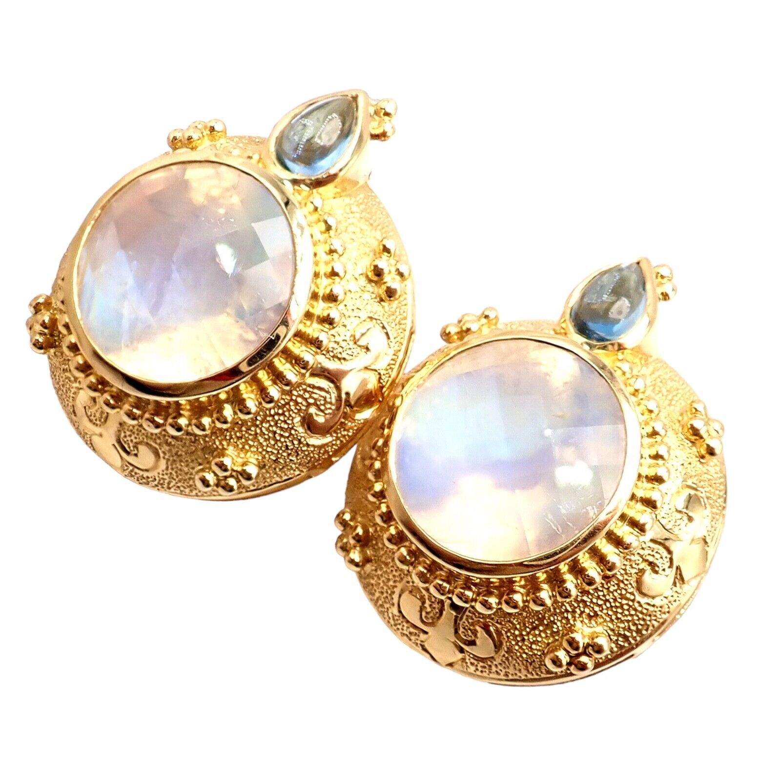Rare! Vintage Paula Crevoshay 18k Gold Aquamarine Moonstone Round Earrings OOAK | Fortrove