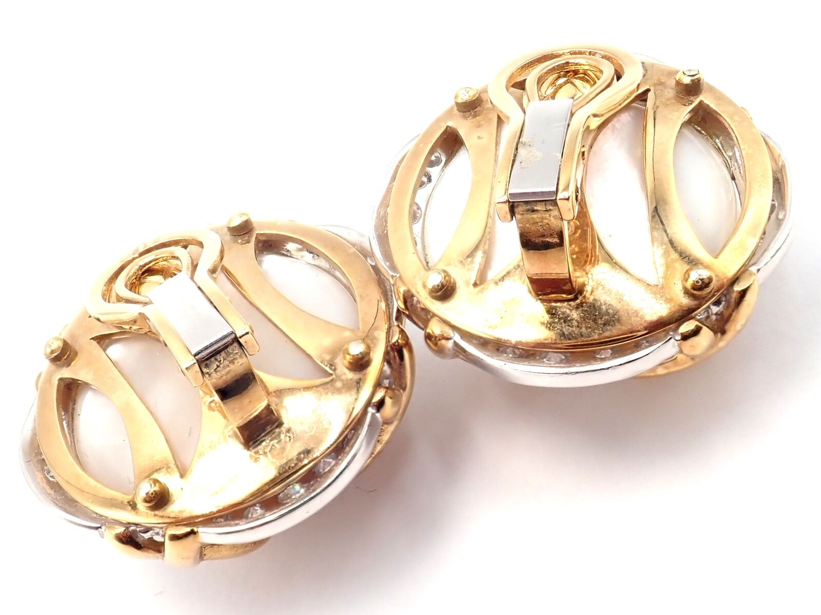 Authentic! Vintage Verdura 18k Yellow Gold Mabe Pearl Diamond Large Earrings | Fortrove