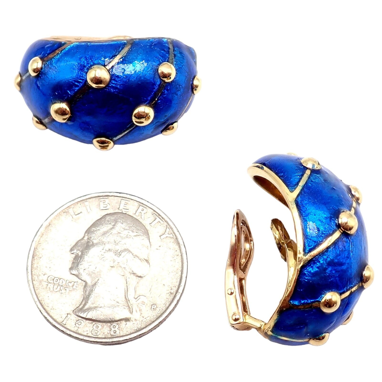 Tiffany & Co. Jewelry & Watches:Fine Jewelry:Earrings Rare Tiffany & Co Schlumberger 18k Yellow Gold Large Blue Enamel Banana Earrings