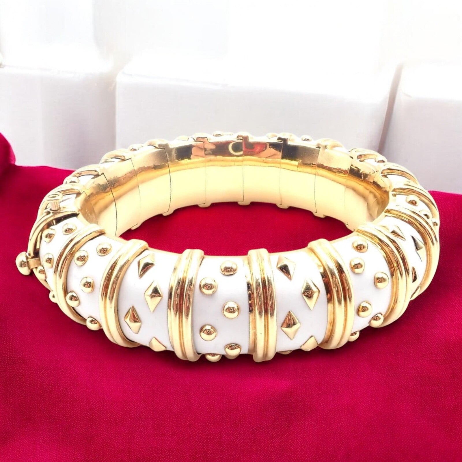 Tiffany & Co Schlumberger Dot Losange 18k Yellow Gold Enamel Bangle Bracelet | Fortrove