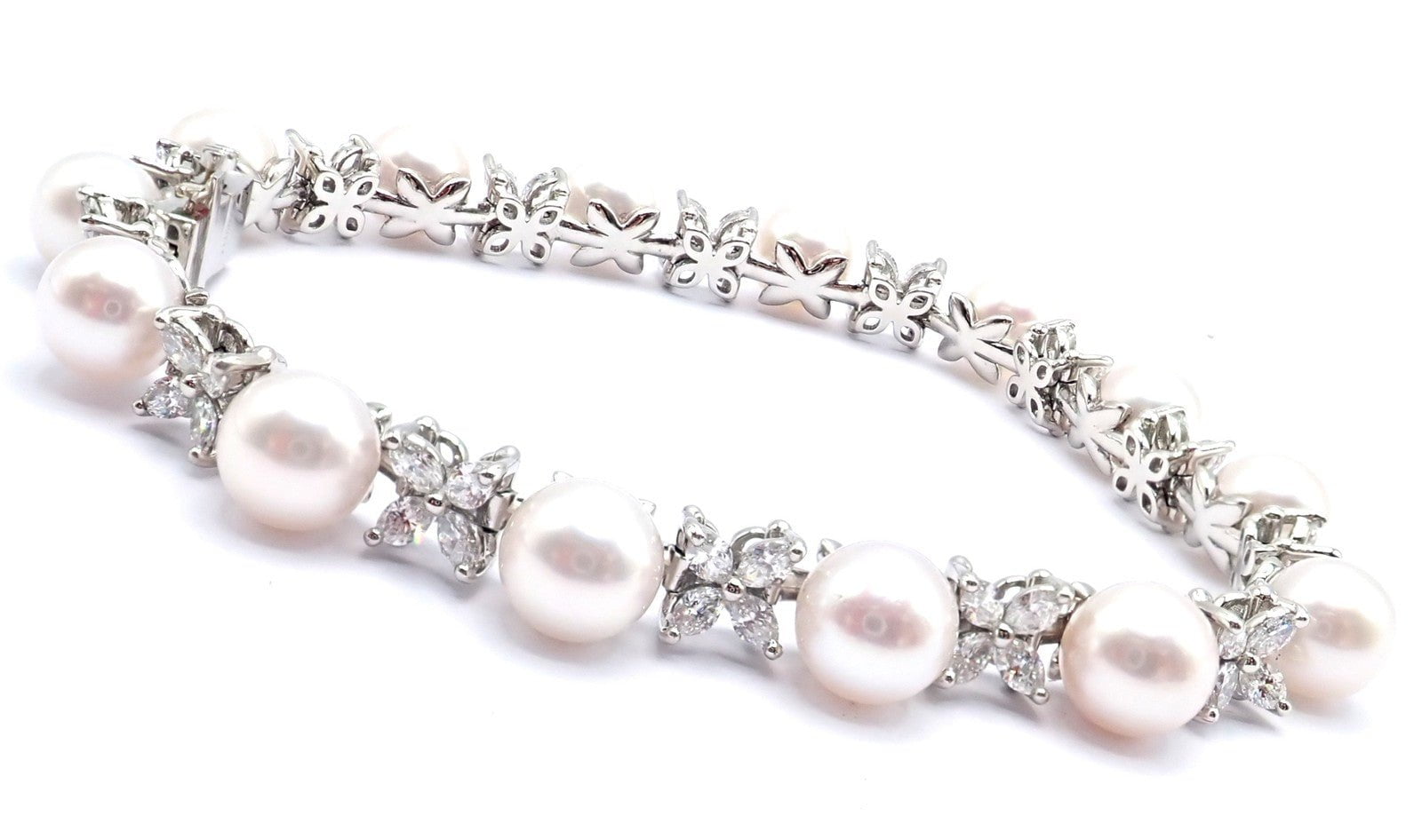 Tiffany & Co Victoria Platinum Diamond Akoya Cultured Pearl Line Tennis Bracelet | Fortrove