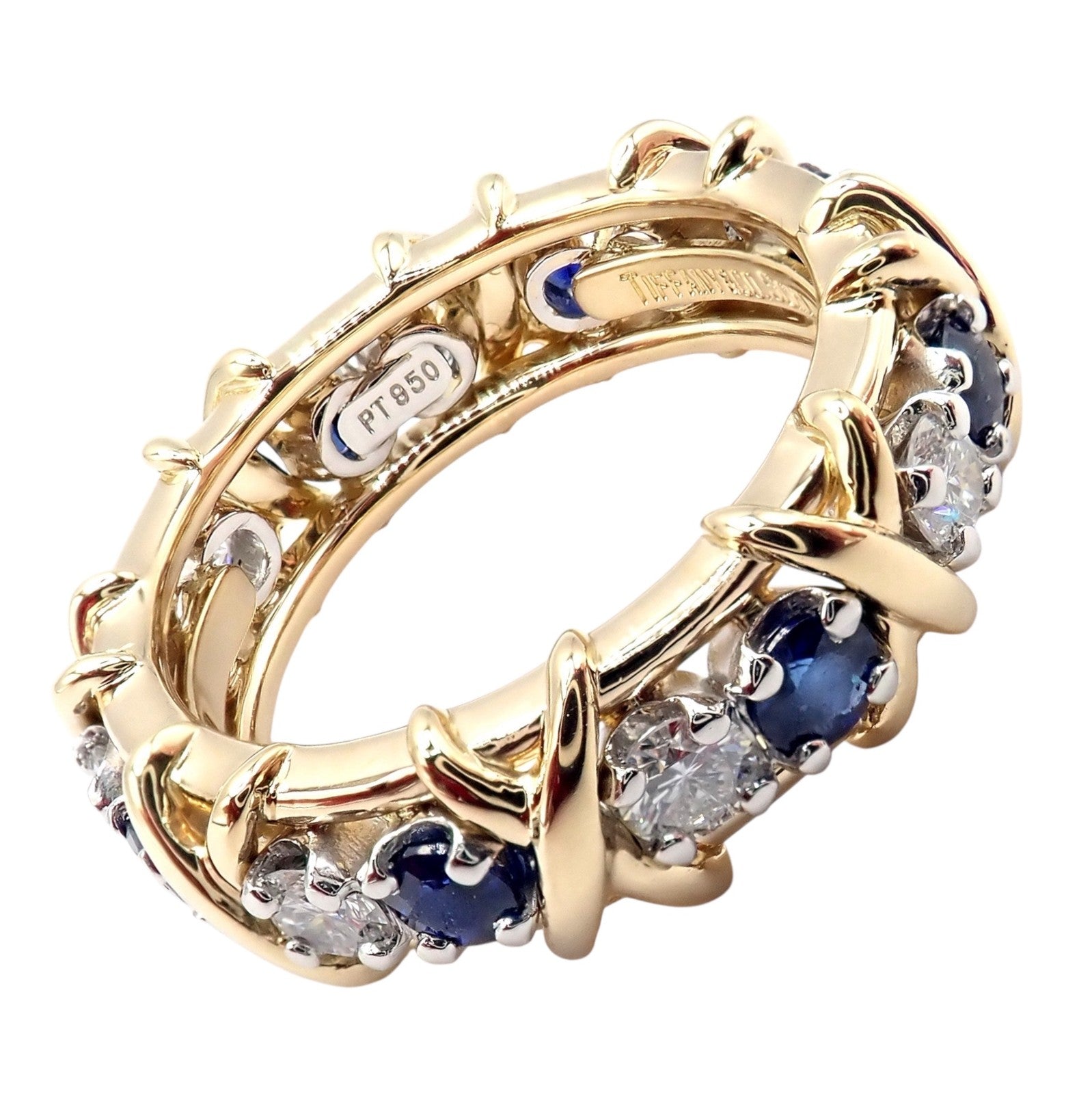Tiffany & Co Schlumberger 18k Gold Platinum 16 Stone Diamond Sapphire Band Ring | Fortrove