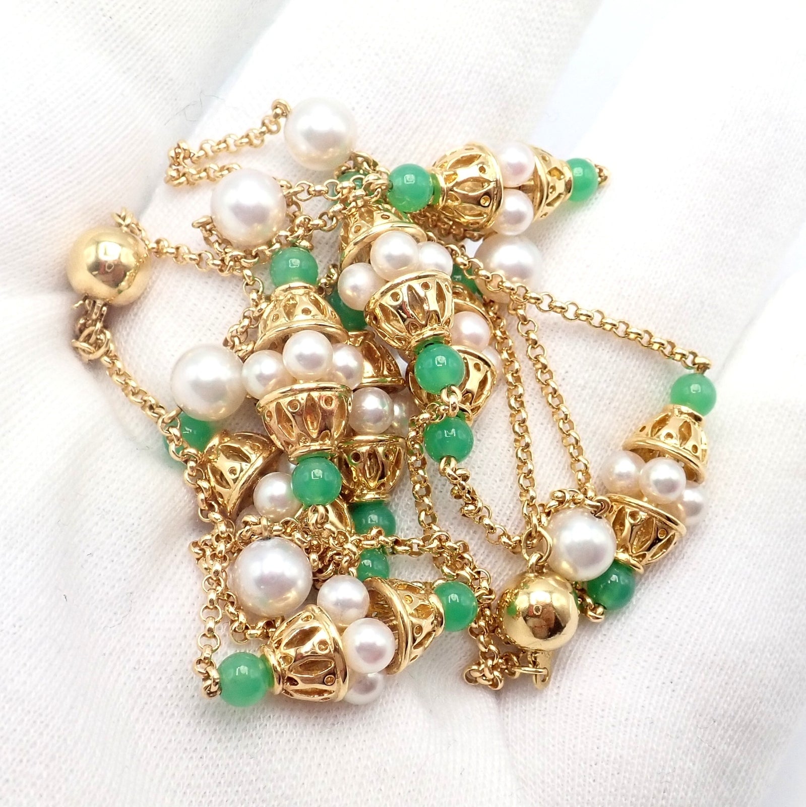 Vintage! Mikimoto 18k Yellow Gold Pearl Chalcedony 32" Long Necklace | Fortrove