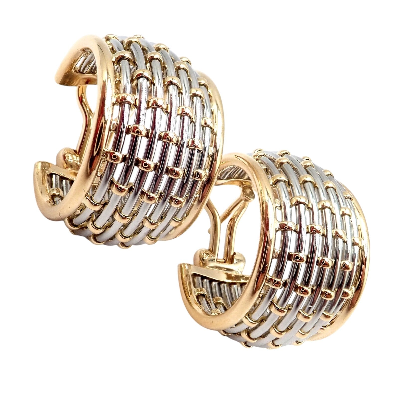 Authentic! Cartier 18k Yellow Gold + SS Basket Weave Ring + Earrings Set | Fortrove