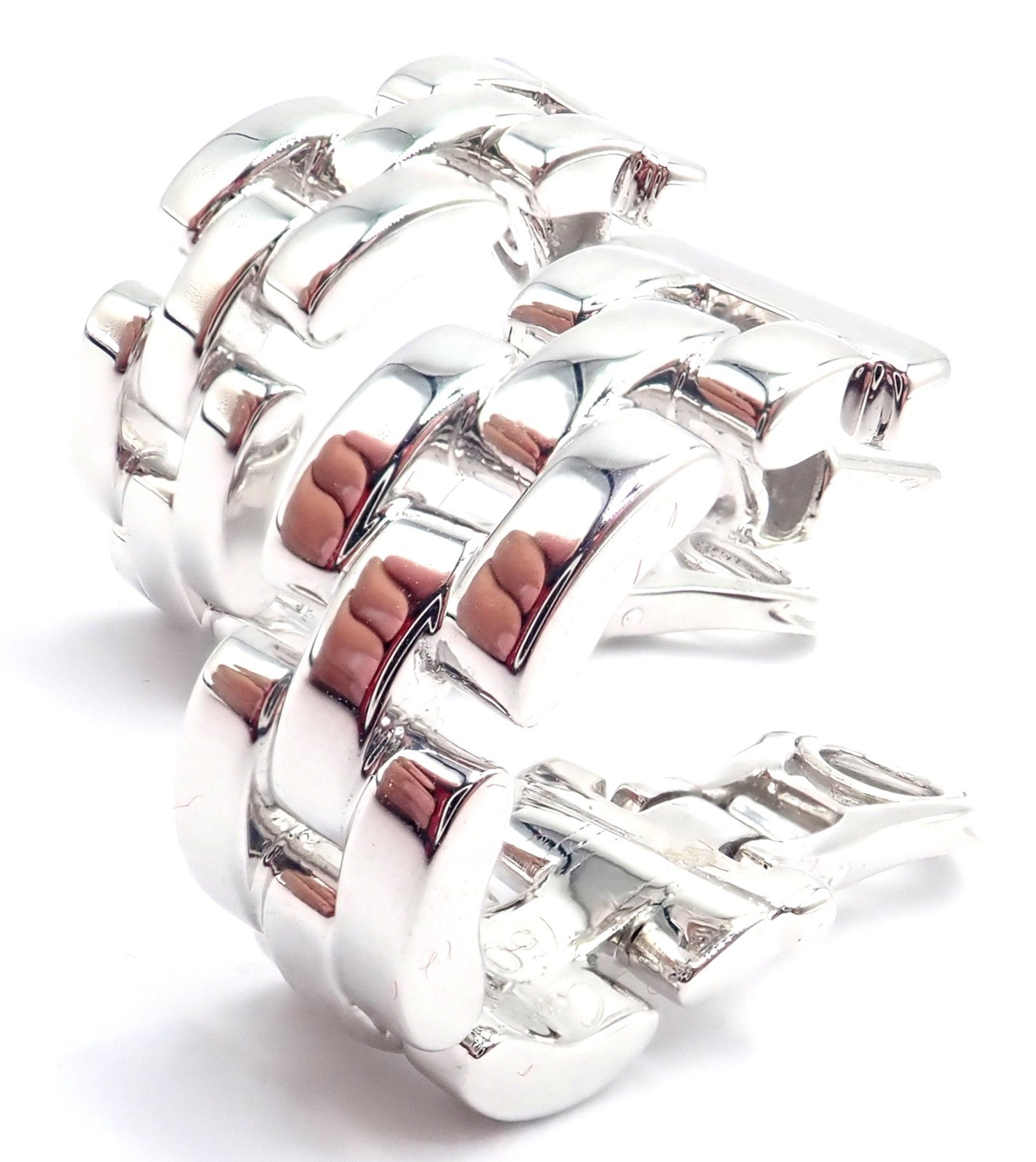 Authentic! Cartier Maillon Panthere 18K White Gold Three Row Link Hoop Earrings | Fortrove