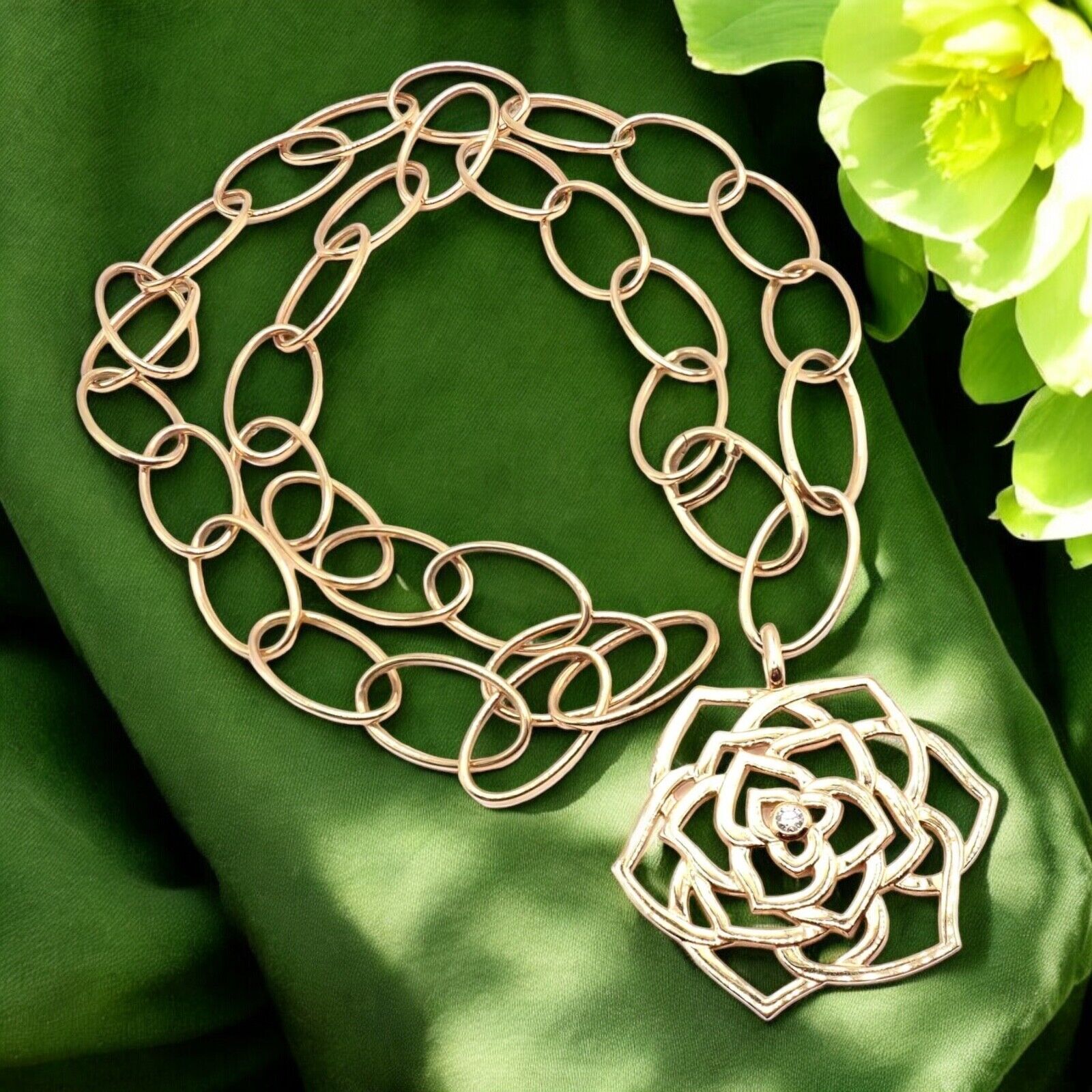 Authentic! Piaget 18k Rose Gold Diamond Large Flower Pendant Link Necklace Cert. | Fortrove