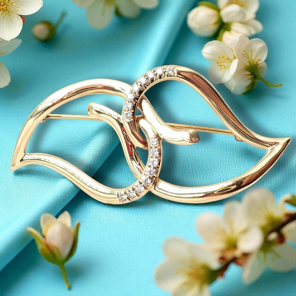 Authentic! Tiffany & Co 18k Yellow Gold Diamond Two Leaf Double Brooch Pin 1987 | Fortrove