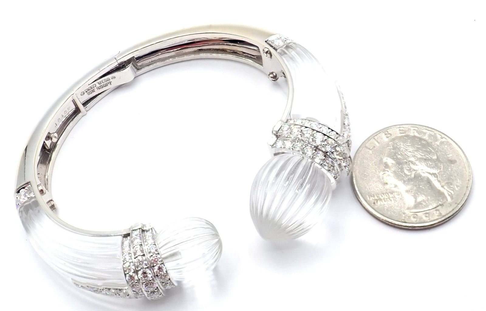 Authentic! David Webb 18k Gold & Platinum Diamond Rock Crystal Bangle Bracelet | Fortrove