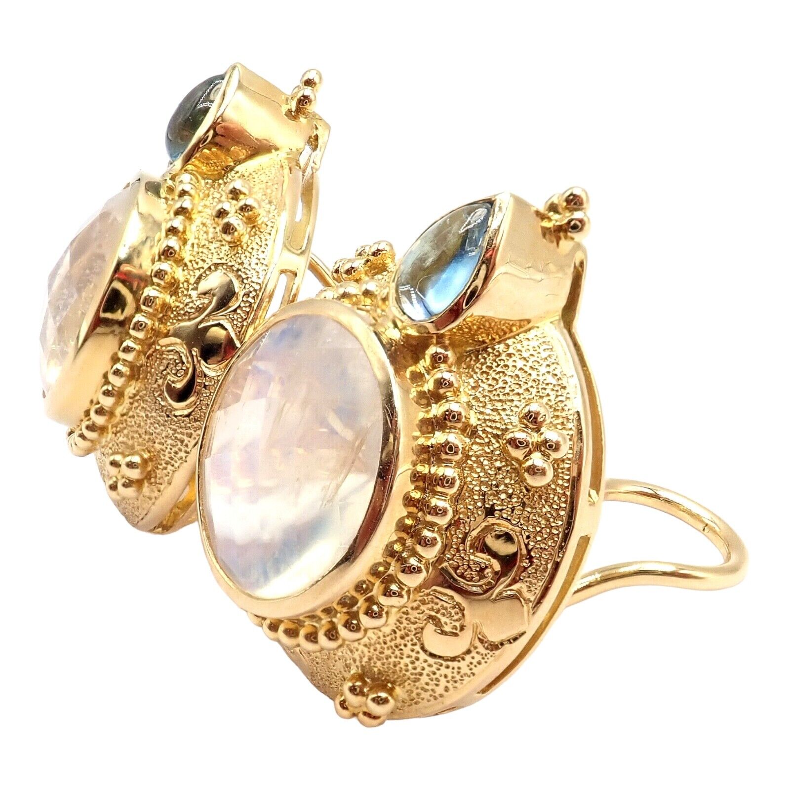 Rare! Vintage Paula Crevoshay 18k Gold Aquamarine Moonstone Round Earrings OOAK | Fortrove