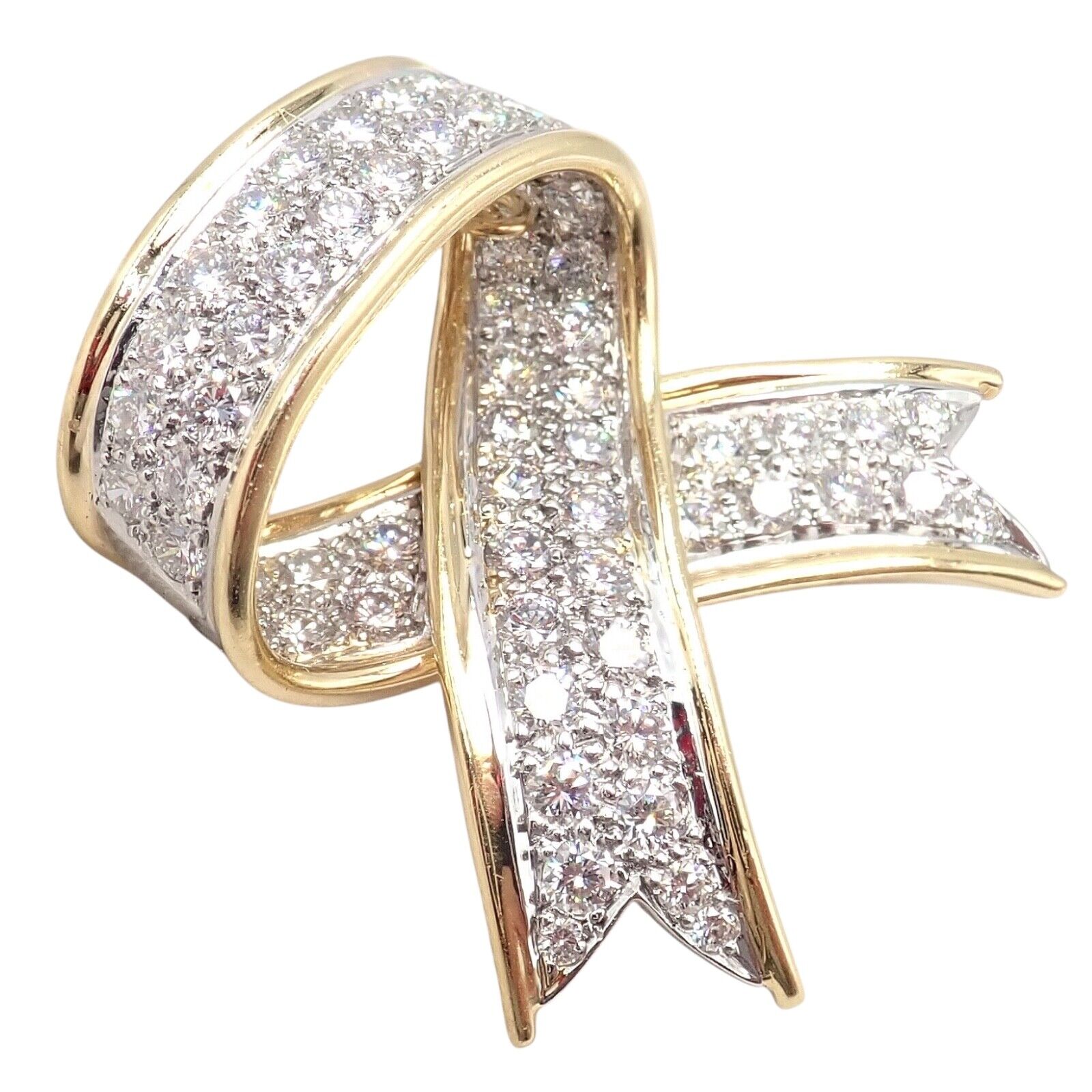 Vintage! Tiffany & Co 18k Yellow Gold Platinum Diamond Ribbon Bow Pin Brooch | Fortrove