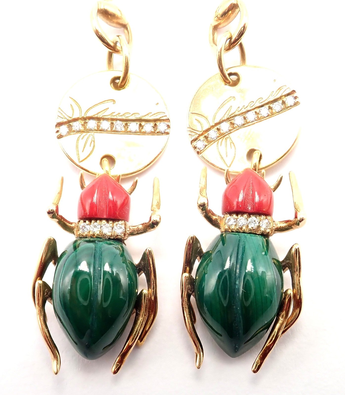 Authentic! Gucci 18k Yellow Gold Diamond Malachite Carnelian Scarab Earrings | Fortrove