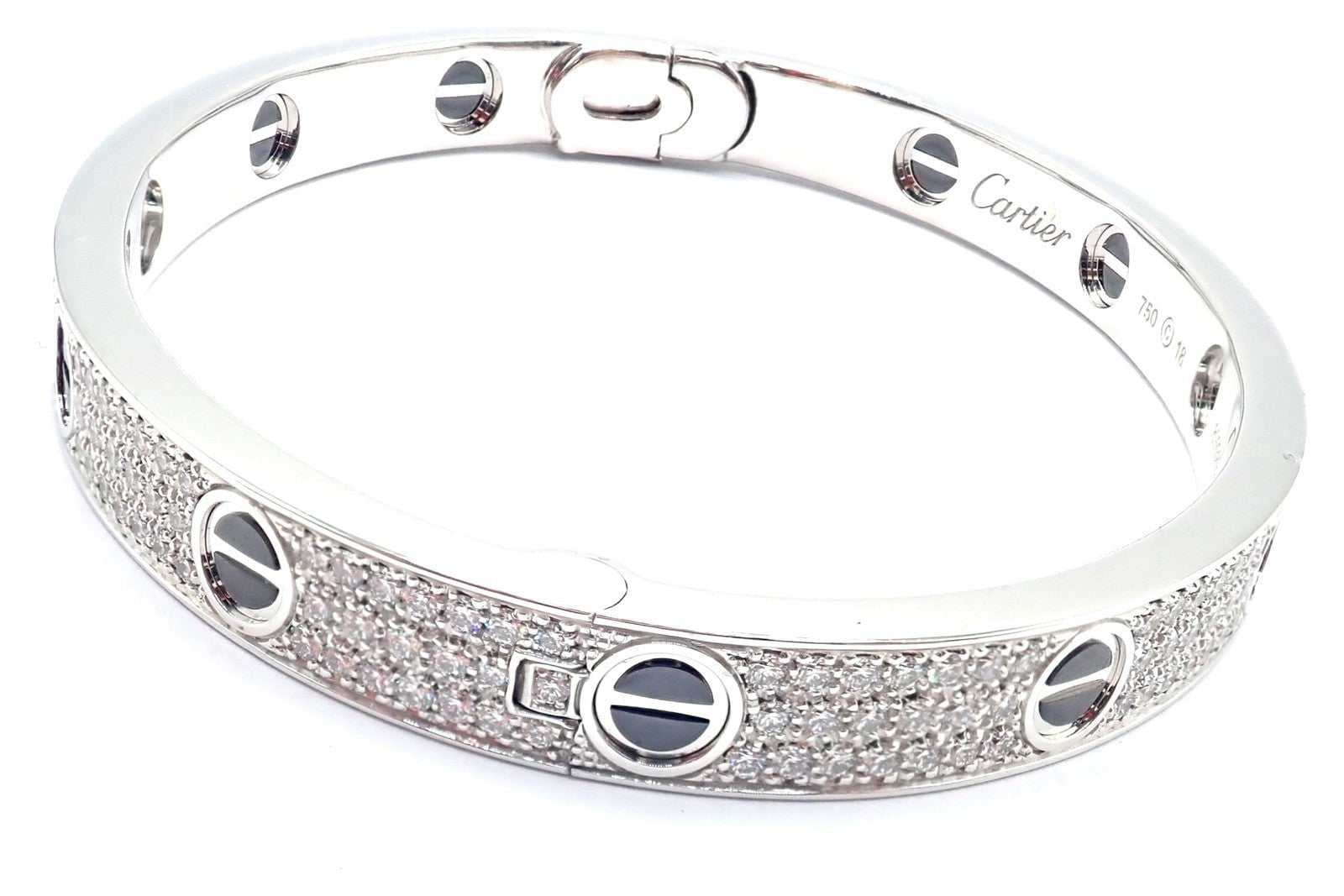 Authentic! Cartier Love 18k White Gold Diamond Pave Ceramic Bracelet Sz 18 Paper | Fortrove