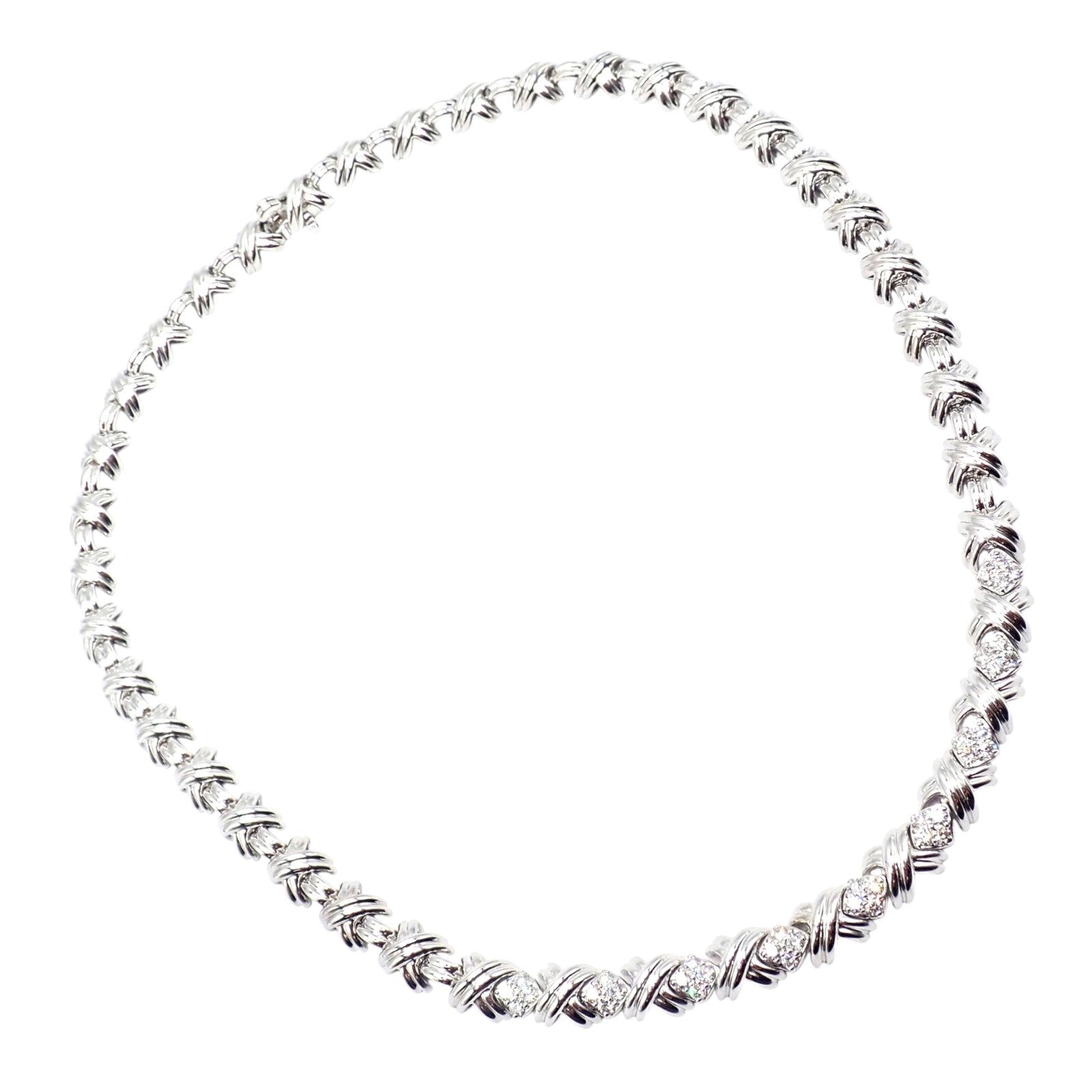 Authentic! Tiffany & Co 18k White Gold Diamond Cluster Signature X Link Necklace | Fortrove