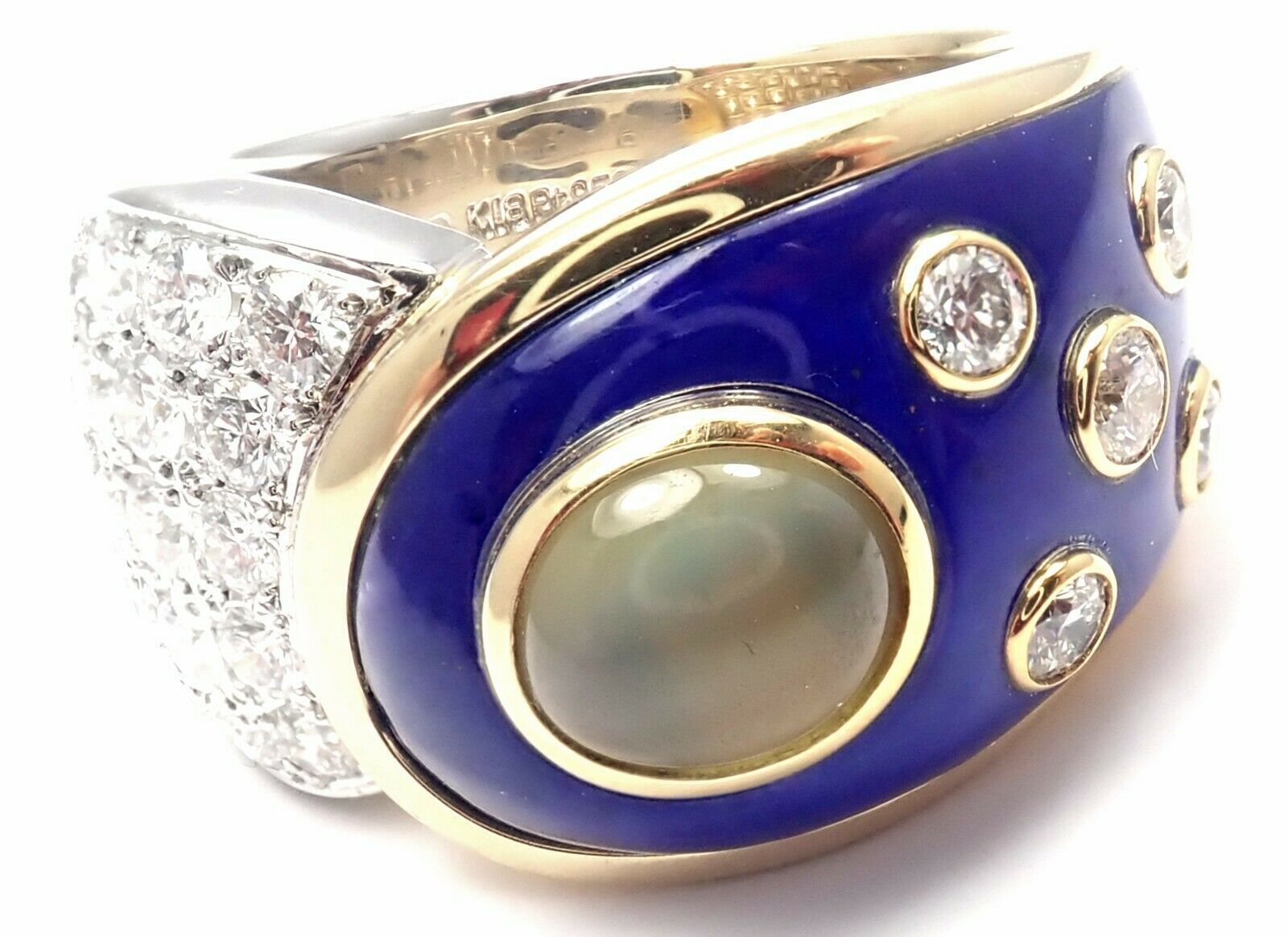 Rare! Authentic Mikimoto Platinum & 18k Gold Diamond Cats Eye Enamel Band Ring | Fortrove