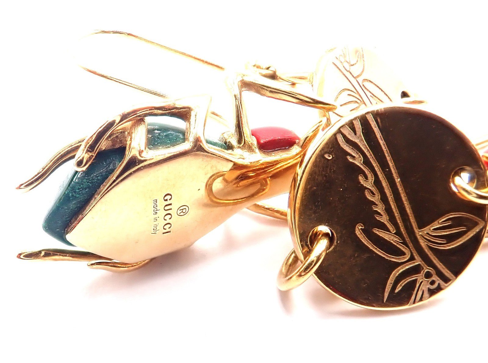 Authentic! Gucci 18k Yellow Gold Diamond Malachite Carnelian Scarab Earrings | Fortrove