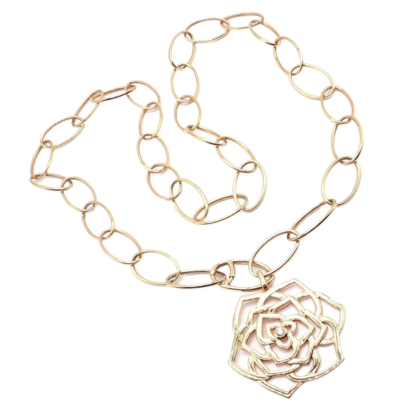 Authentic! Piaget 18k Rose Gold Diamond Large Flower Pendant Link Necklace Cert. | Fortrove