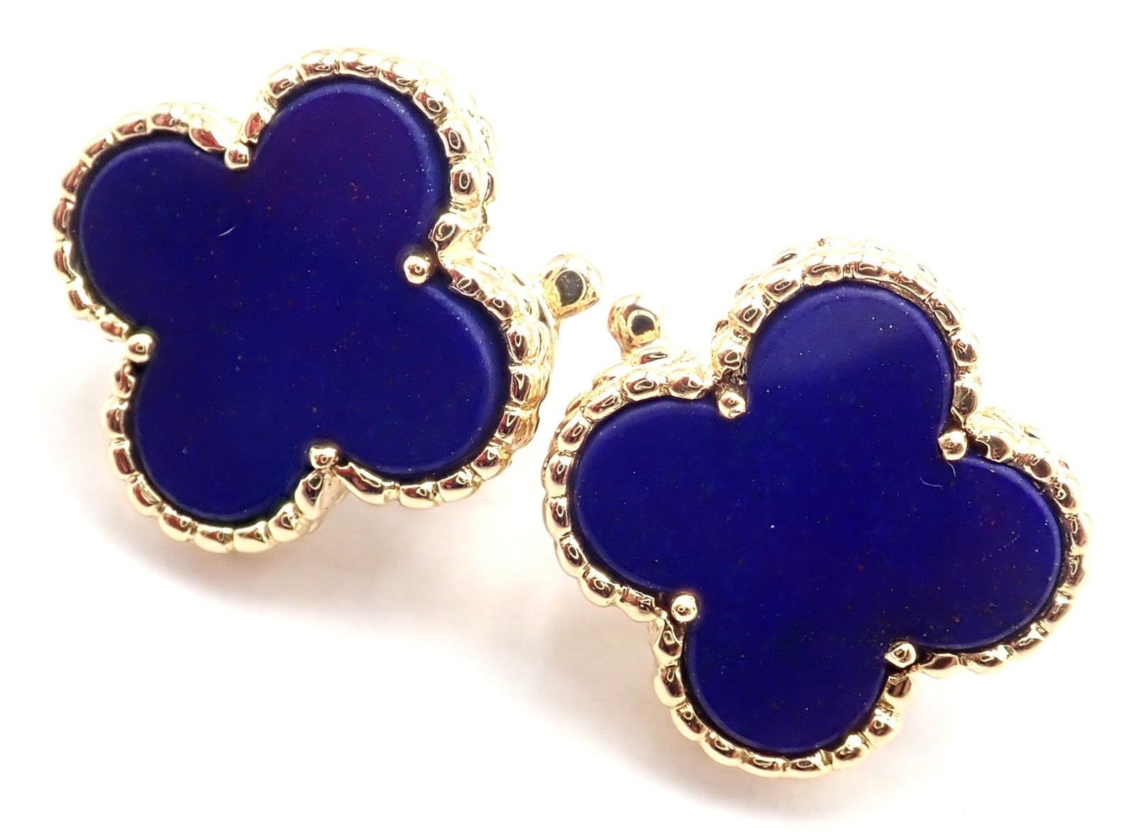 Van Cleef & Arpels 18k Yellow Gold Vintage Alhambra Blue Lapis Earrings Paper | Fortrove