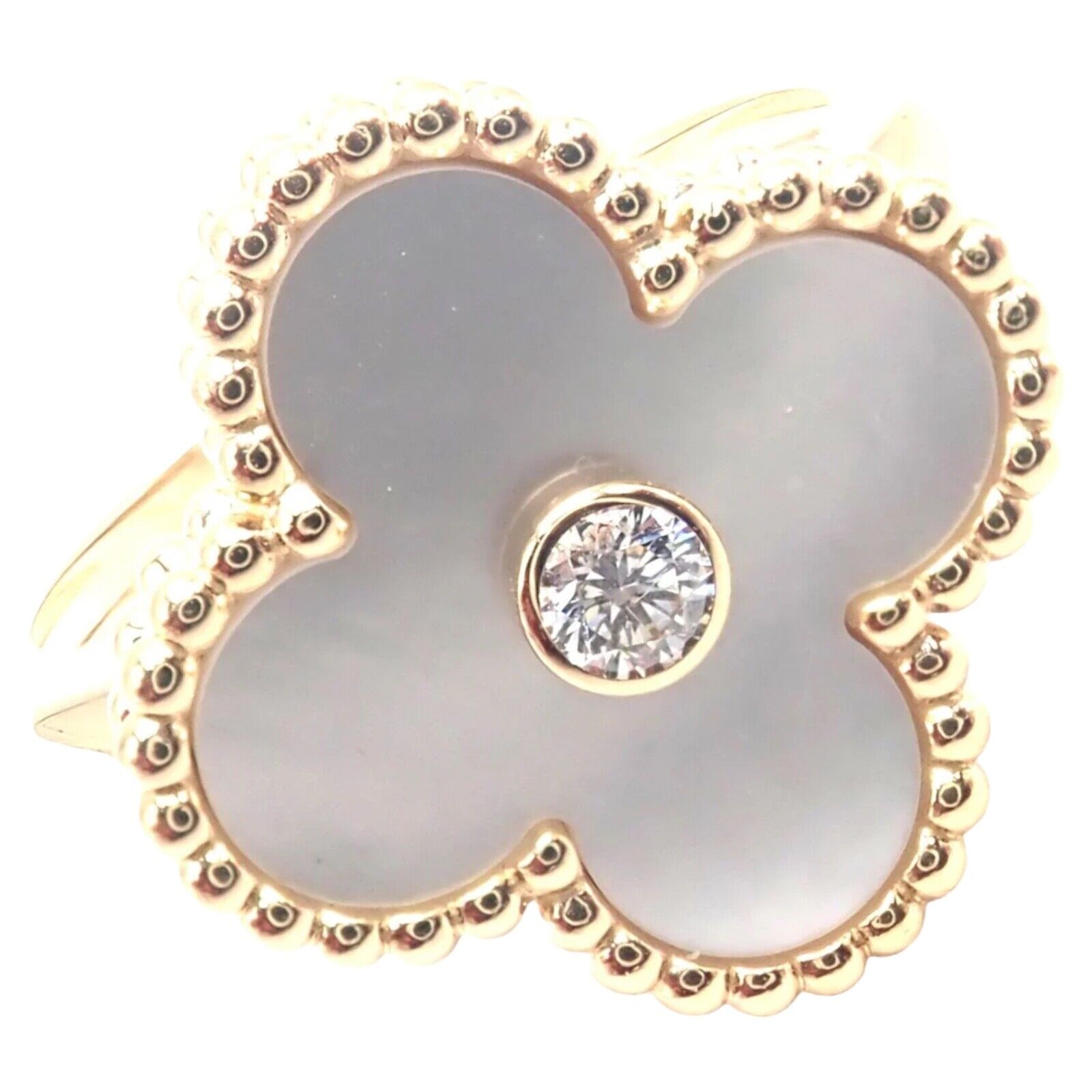 Van Cleef & Arpels Vintage Alhambra 18k Yellow Gold Mother Of Pearl Diamond Ring | Fortrove