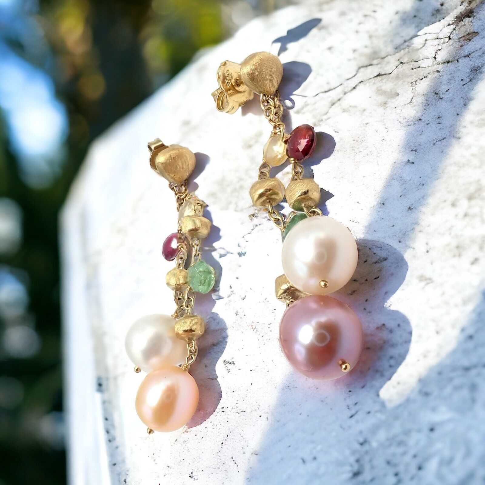Authentic! Marco Bicego 18k Yellow Gold Paradise Multicolor Gems Pearl Earrings | Fortrove