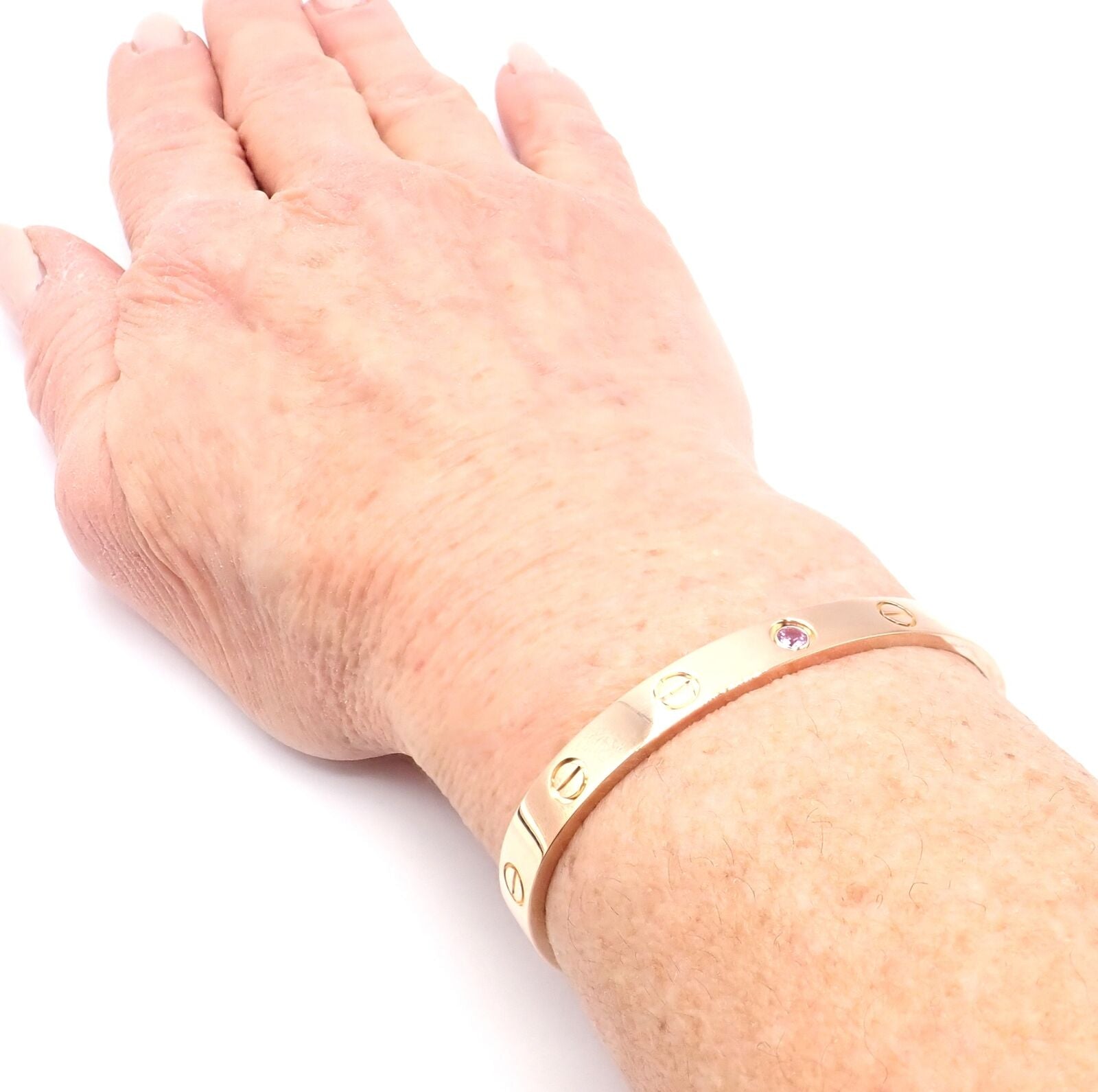 Authentic! Cartier 18k Rose Gold Pink Sapphire Love Cuff Open Bracelet Size 16 | Fortrove
