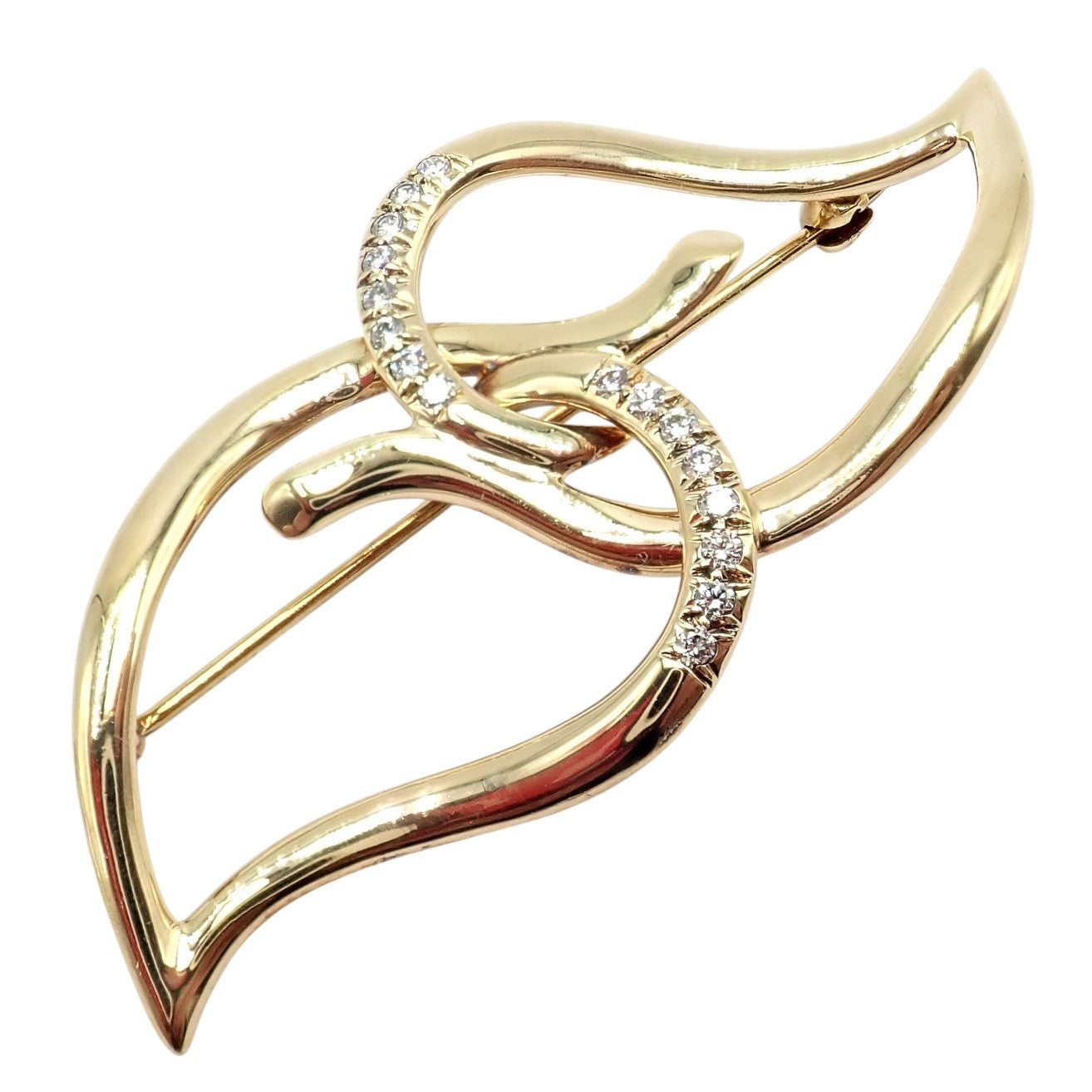 Authentic! Tiffany & Co 18k Yellow Gold Diamond Two Leaf Double Brooch Pin 1987 | Fortrove