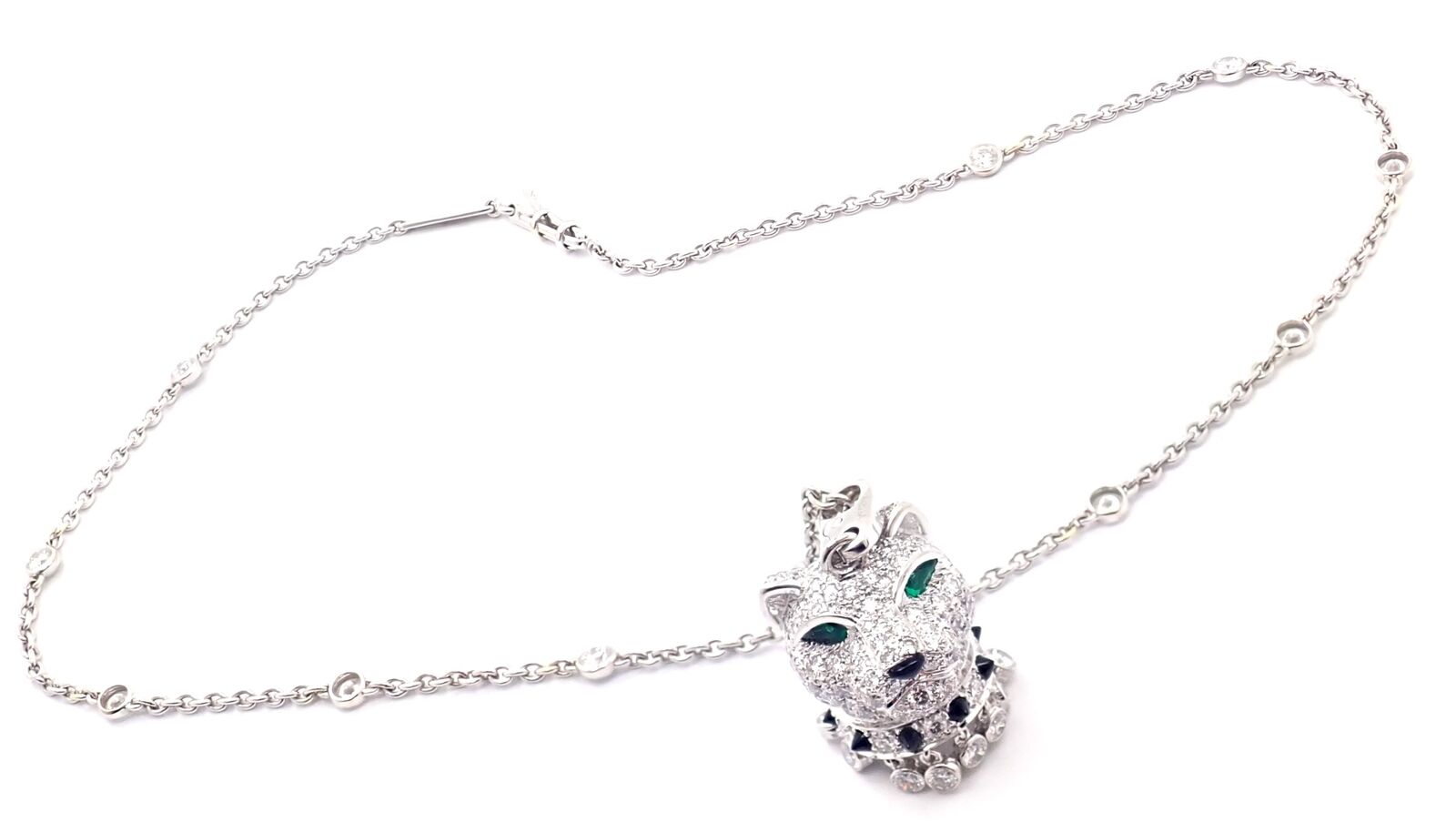 Authentic! Cartier Panther 18k White Gold Diamond Emerald Onyx Pendant Necklace | Fortrove