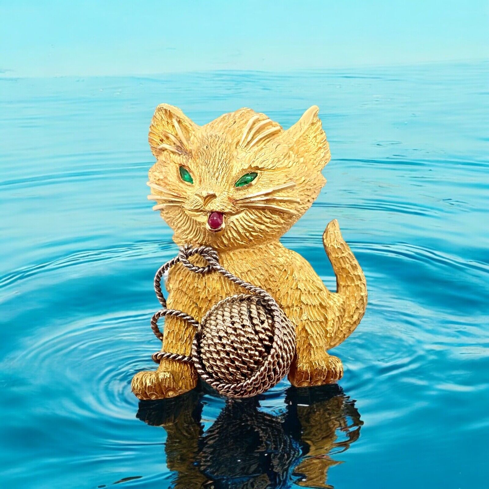 Vintage! Tiffany & Co. France 20k Yellow Gold Ruby Emerald Cat Yarn Pin Brooch | Fortrove