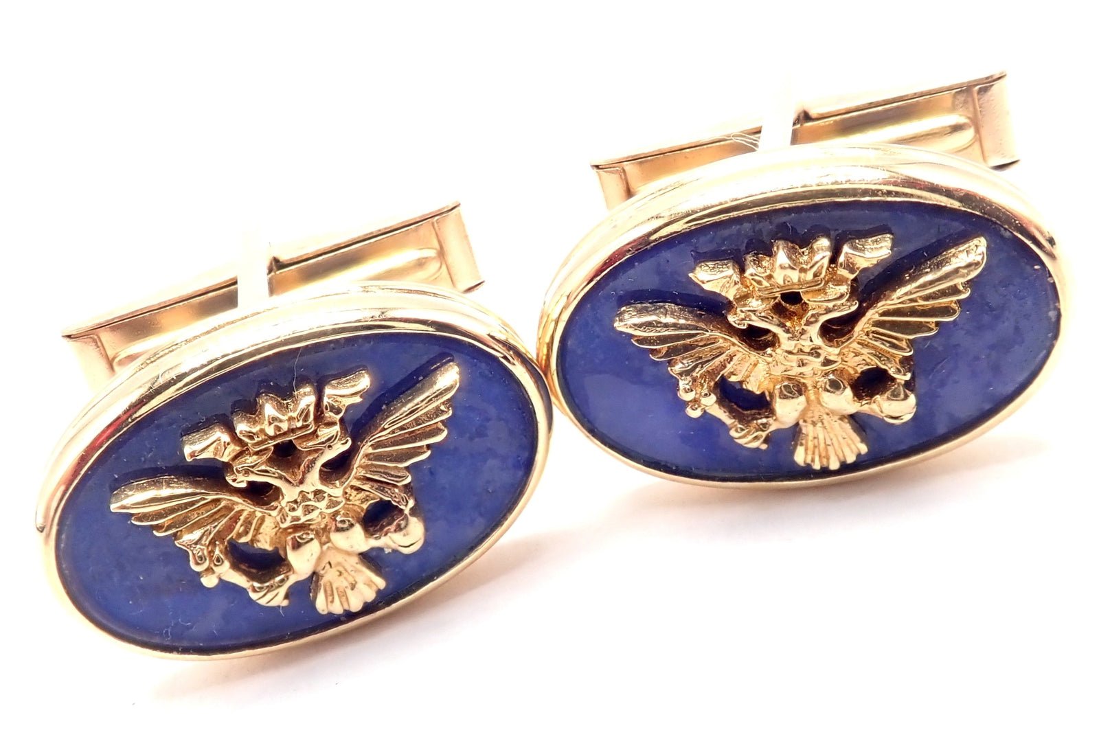 Authentic! Franklin Mint Faberge Imperial Eagle 14k Yellow Gold Lapis Cufflinks | Fortrove
