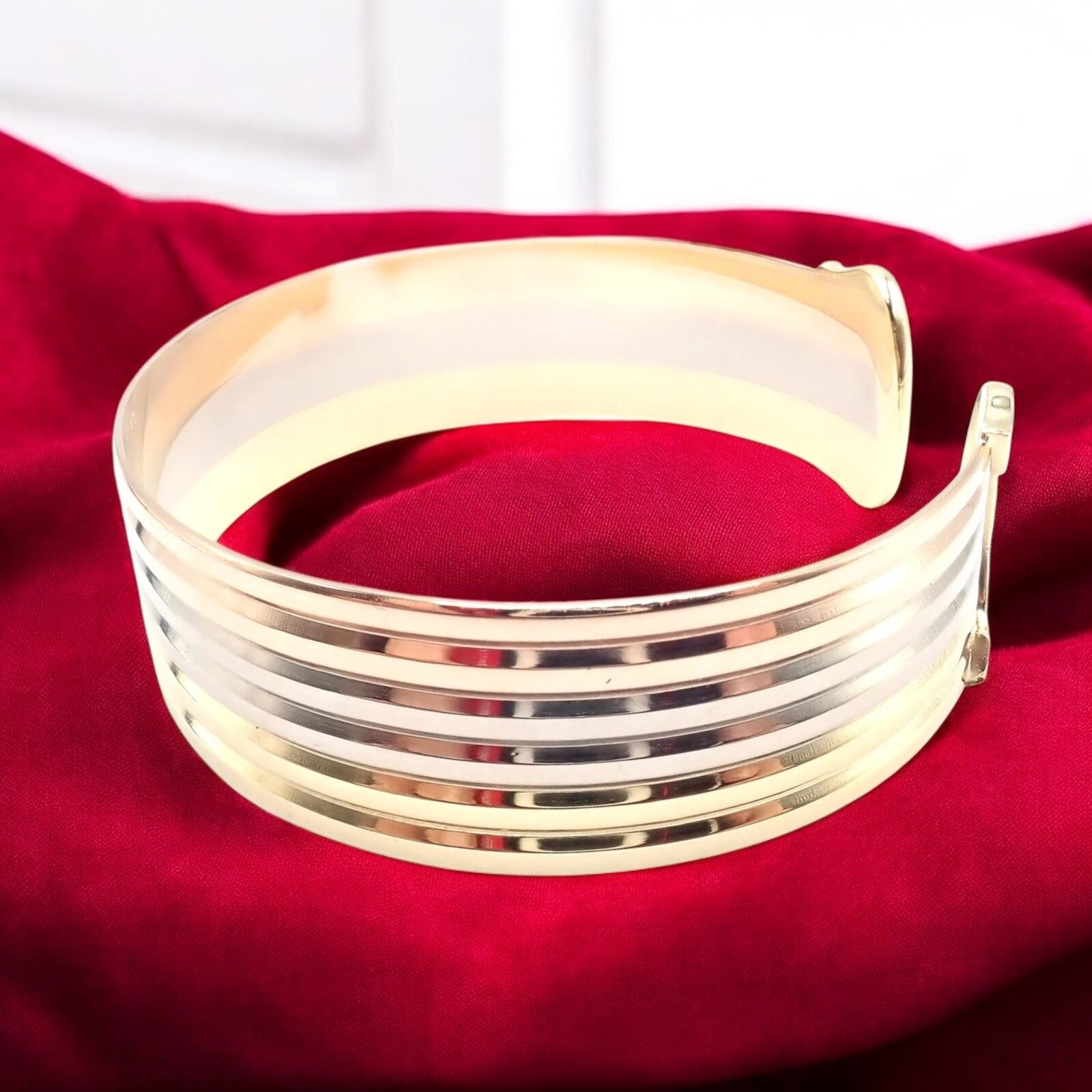 Authentic! Cartier 18k Tri-Color Gold Double C Wide Cuff Bangle Bracelet | Fortrove