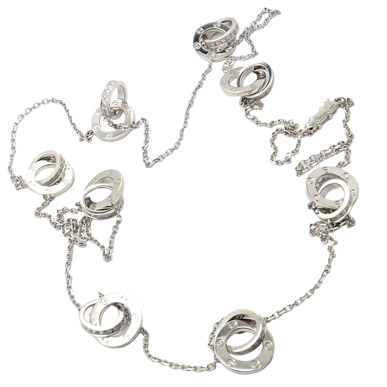 Rare! Authentic Cartier 18k White Gold Diamond Love 8 Station 36" Long Necklace | Fortrove